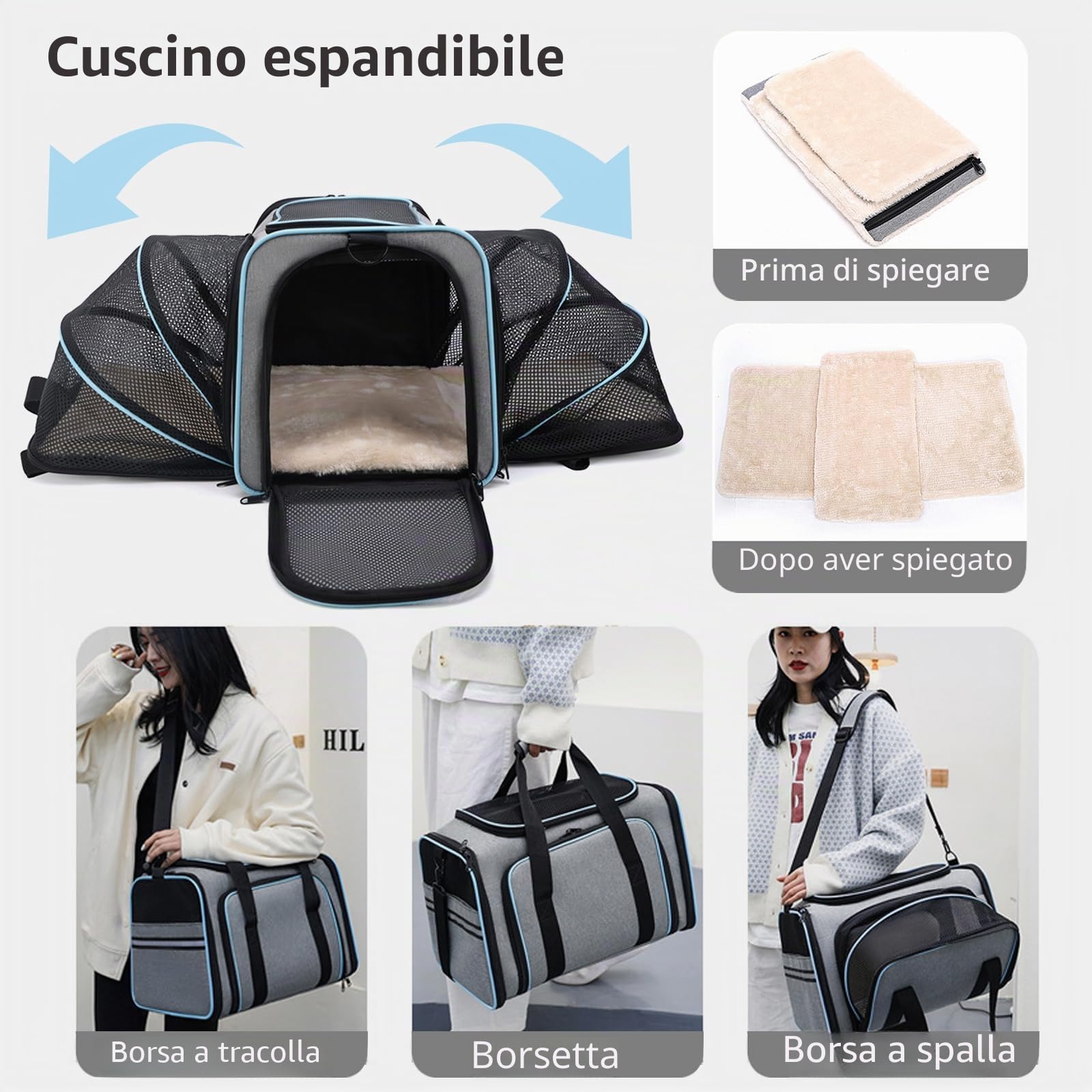 PETCUTE Trasportino per Cani e Gatti Espandibile,Trasportino per Animali Approvato Dalla Compagnia Aerea,Pieghevole Trasportino Cane Gatto con Materasso Morbido,per Viaggio in Auto, Aereo, Treno
