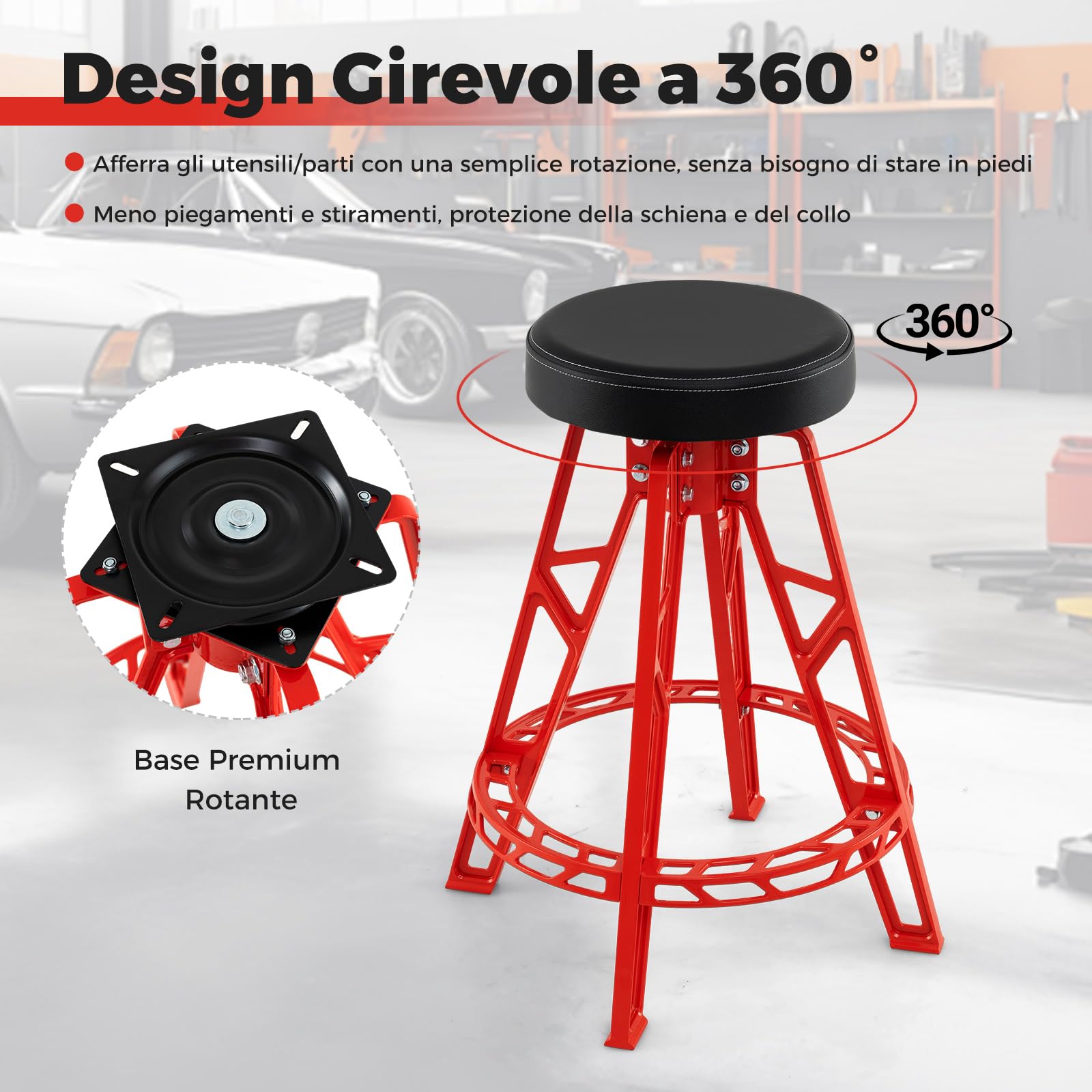 COSTWAY Sgabello da Officina, Sedia Meccanico in Metallo con Girevole a 360° e Seduta Imbottita, Capacità di 182 kg, Sgabello Alto da Lavoro con Poggiapiedi per Garage e Officina, Rosso + Nero