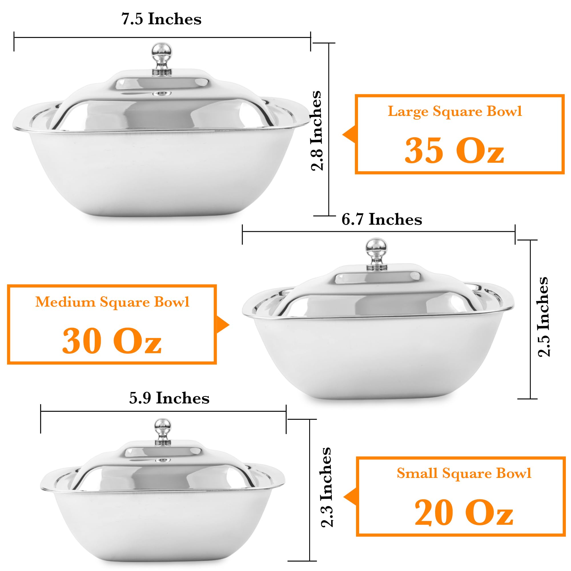 CRAFTONE Juego de 3 cuencos cuadrados de acero inoxidable con tapa, ideales para hornear y servir ensaladas, arroz, postre, juego de cuencos de almacenamiento de alimentos (20 onzas, 30 onzas y 35