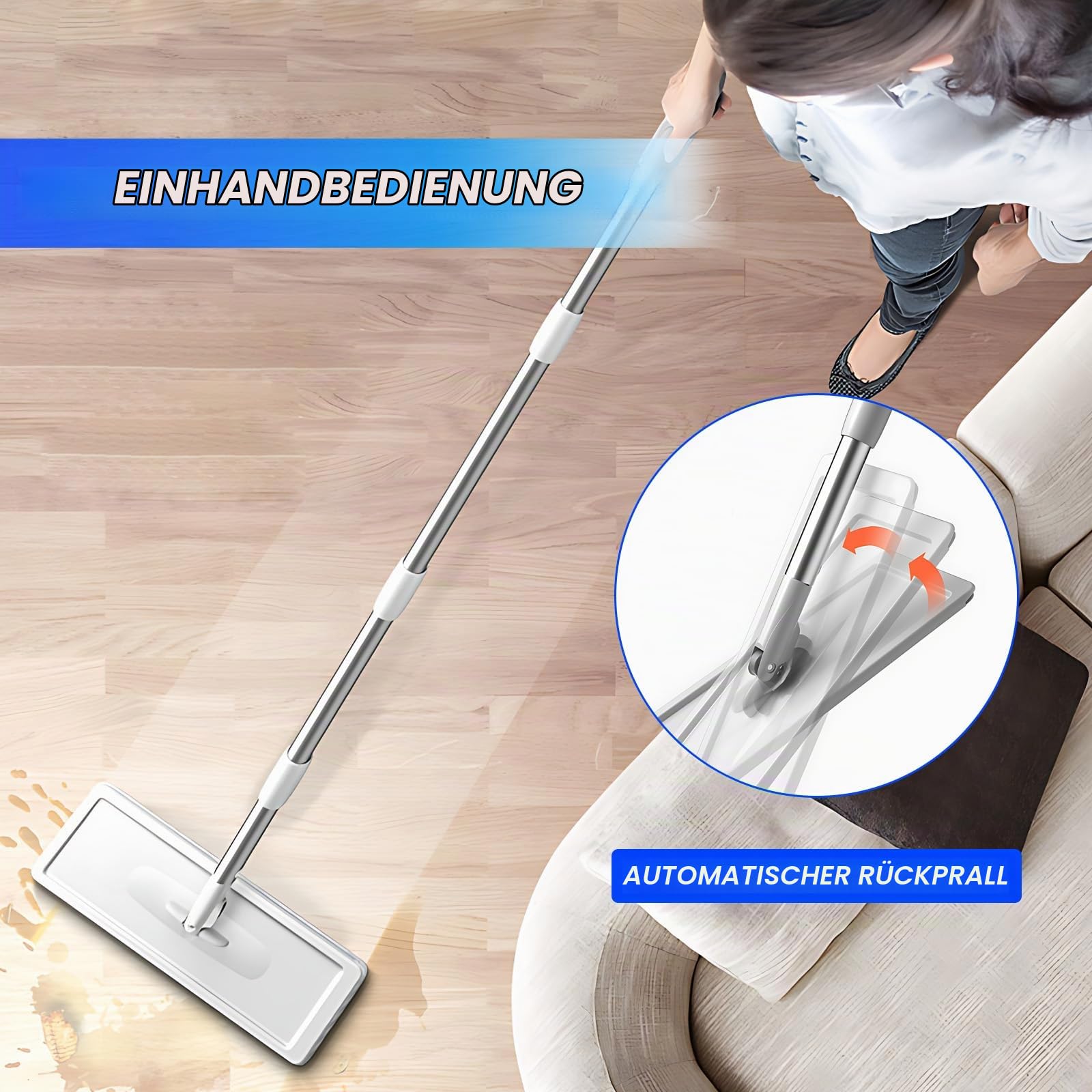 Hsyan Wischmopp und Eimer mit Auswringer-Set, freihändiger Flacher Bodenwischer und Eimer, mit 4 waschbaren Mikrofaser-Pads, Nass- und Trockengebrauch, Bodenreinigungssystem