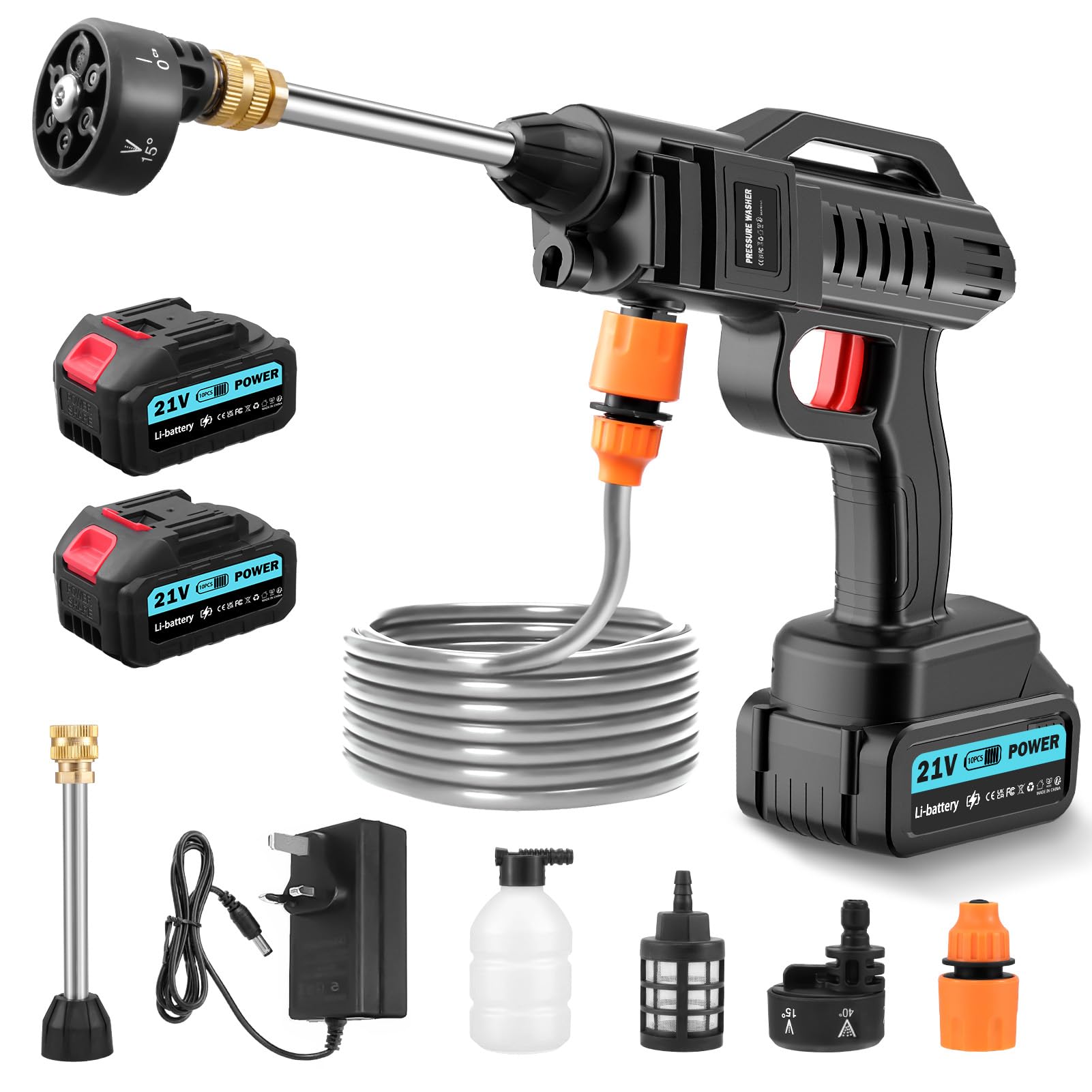 RugoTech 100Bar Cordless Pressure Washer, 21V Portable Power Washer High Pressure with 2 x 3000mAh Batteries & Fast Charger, 6-in-1 Nozzle & 5M Hose, Electric Jet Wash for Car, Fence, Patio, Decking