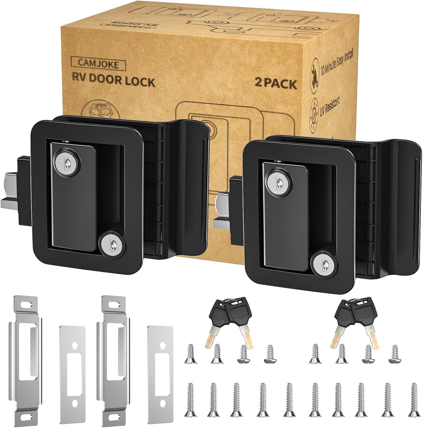 RV Door Lock for Travel Trailers with Paddle Deadbolt, Camper Entry Door Latch, RV Lock Replacement Kit with 4 Keys, for Cargo Hauler Horse Trailer Truck (2 Locks with The Same Key)