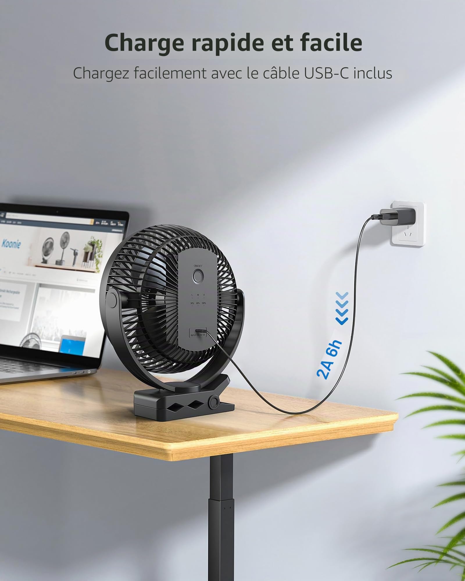 Koonie Ventilateur à Clip à Piles 10000 mAh 20CM, Ventilateur USB portable, 4 Vitesses, débit d'air puissant, Pince Robuste pour Bureau Personnel, Voiture de Golf, Voyage en plein air, Camping (Noir)