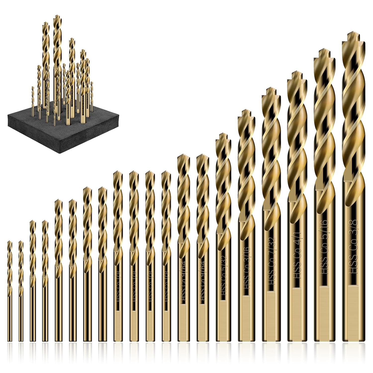 M35 Cobalt Drill Bit Set for Metal (1/16"–3/8"), Includes Step Drill Bits for Enlarging Holes – 20 PCS