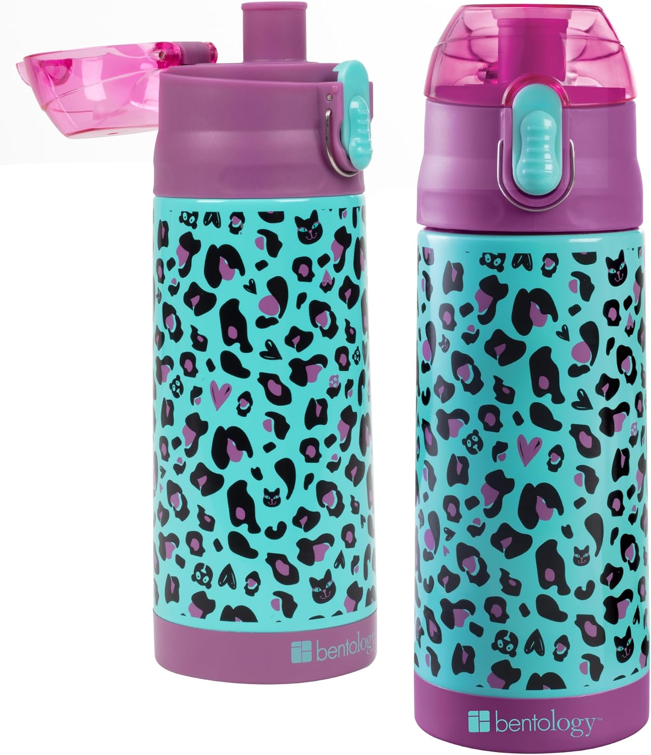 Bentology Stainless Steel 13 oz Reusable Water Bottle for Kids, Cheetah - Double Wall Insulated, Spill Proof Lid w/Built-in Straw- Keep Liquids Hot or Cold For Hours- Fits in Lunch Boxes & Bags