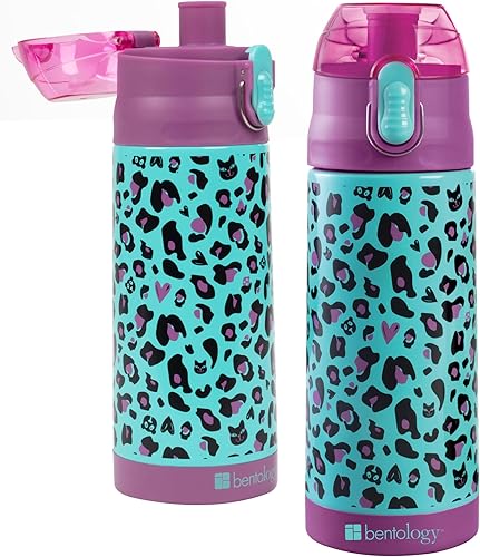 Bentology Botella de agua reutilizable de acero inoxidable de 13 onzas para niños, diseño de guepardo, doble pared, tapa a prueba de derrames con
