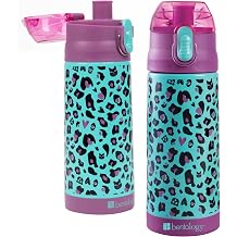 Bentology Stainless Steel 13 oz Reusable Water Bottle for Kids, Cheetah - Double Wall Insulated, Spill Proof Lid w/Built-in Straw- Keep Liquids Hot or Cold For Hours- Fits in Lunch Boxes & Bags