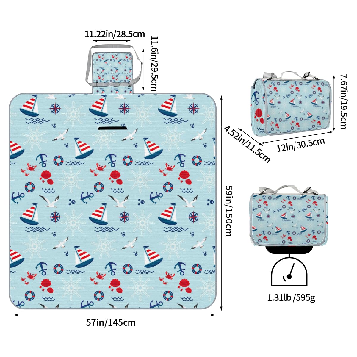 Shimoshe Picnic Blankets 57”x 59”, Marine Anchor Pattern Waterproof Sandproof Picnic Mat Lightweight Foldable Beach Blanket for Camping Park Grass Beach Outdoor Blanket