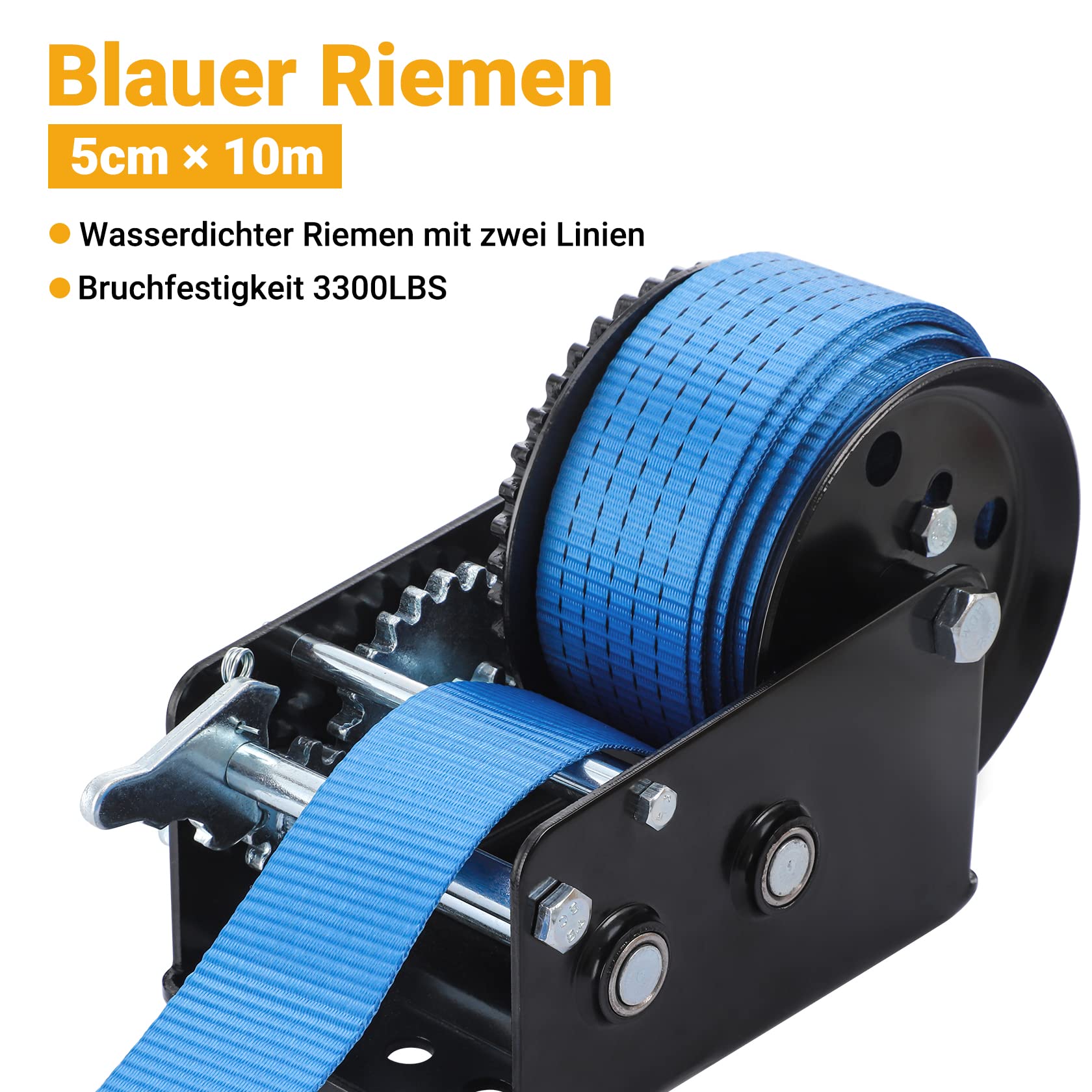 Pindex Hand Gurtwinde Bootstrailer mit 10m Polyester Gurtband, 1365kg, | Manuelle Bootswinde mit Handkurbel, 2 Gang 4:1 8:1, für Trailer, Anhänger Boot, Geländewagen