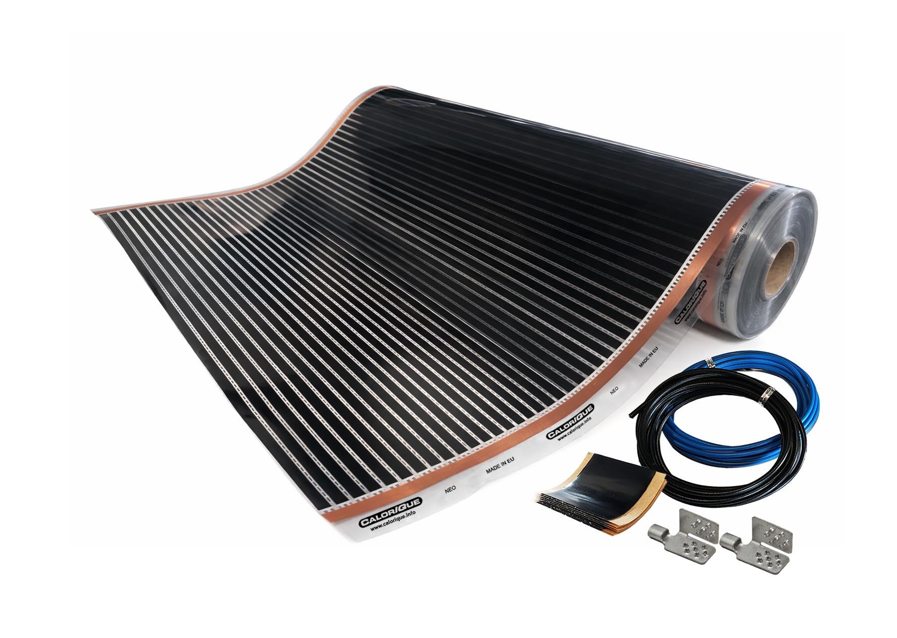 Infrarot-Heizfolie Carbon Set 1,5 m² – Elektro-Bodenheizung 100 cm, 150 W/m², mit Kabel, Klemmen & Isolierung, CALORIQUE NEO für Katzenhaus und Terrarium-Unterboden
