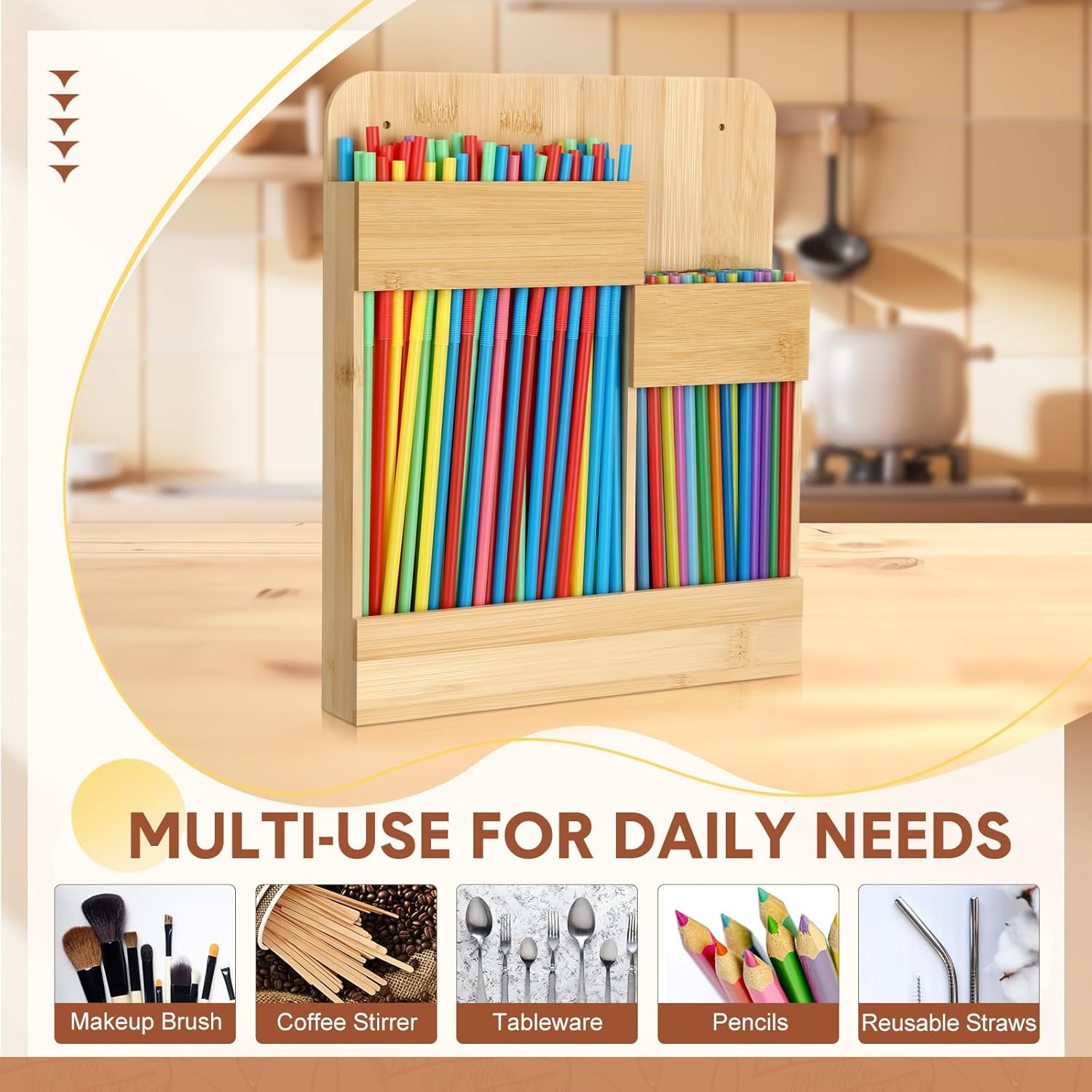 Reusable Bamboo Large Capacity Straw Holder Dispenser Organizer, 11.81" x 9.84" Stick on Cabinet Door Organizer Suitable for Cabinet Straw Storage, Kitchen Counter - Image 5