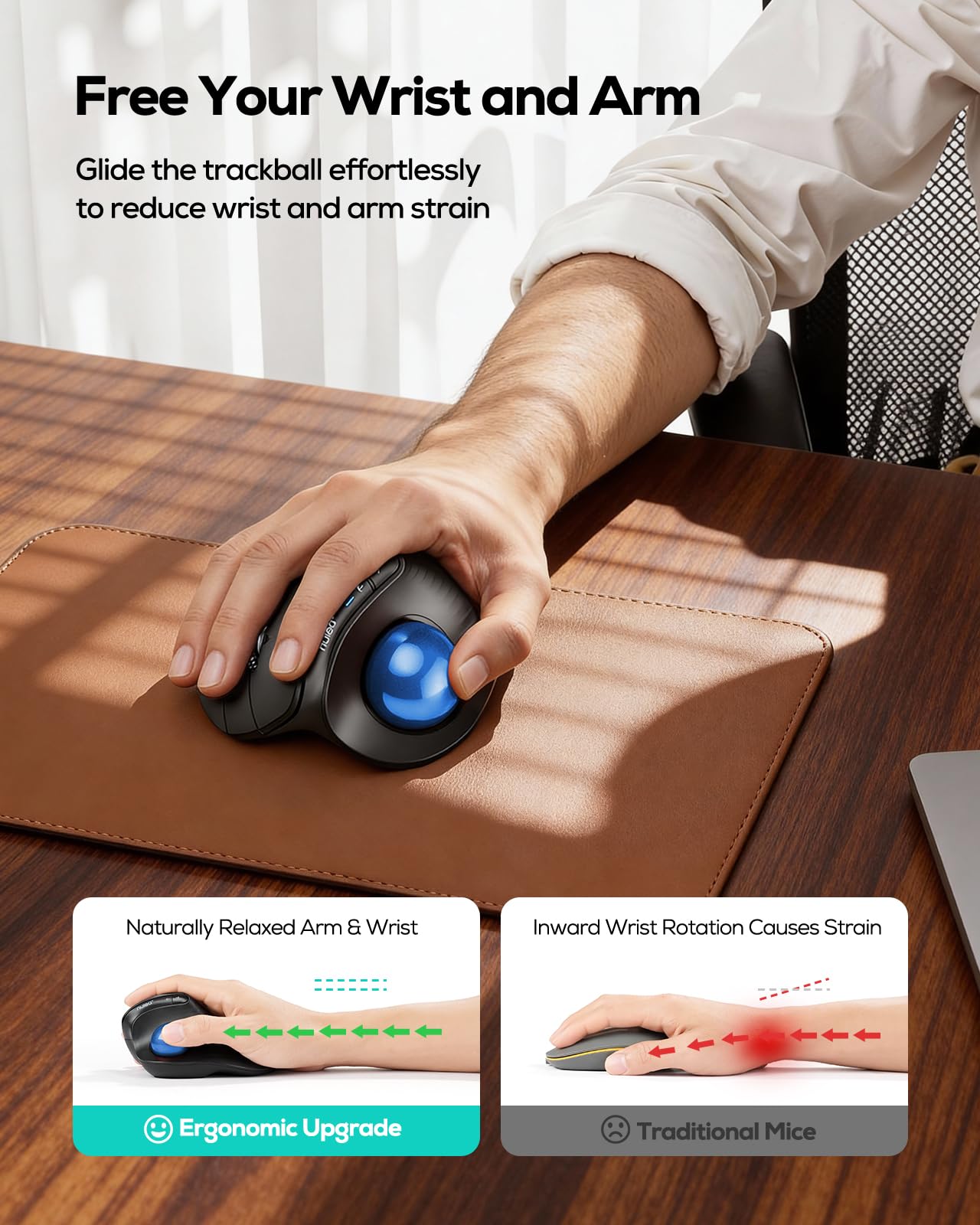 Nulea M514 Souris Trackball Verticale, Ergonomique sans Fil à Contrôle du Pouce, Cliques Silencieux, Connexion 3 Appareils (Bluetooth & USB), Rechargeable pour PC/Mac/Laptop/Tablet, Bleu