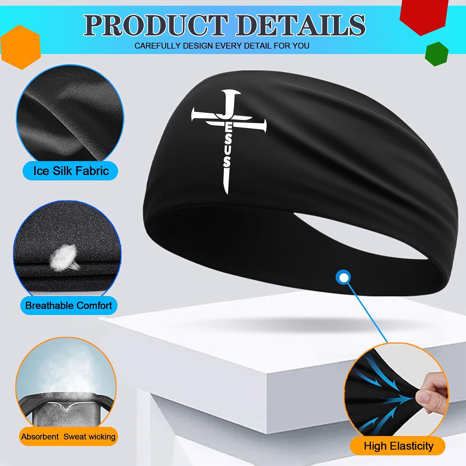 3pcs Three Nail Sports Sweat Bands Cross Headbands for Men Women Christian Sweatbands Workout Cooling Headband Mens 3 Nails Jesus Crosses Running Hairband Elastic Head Band for Football Yoga Athletic