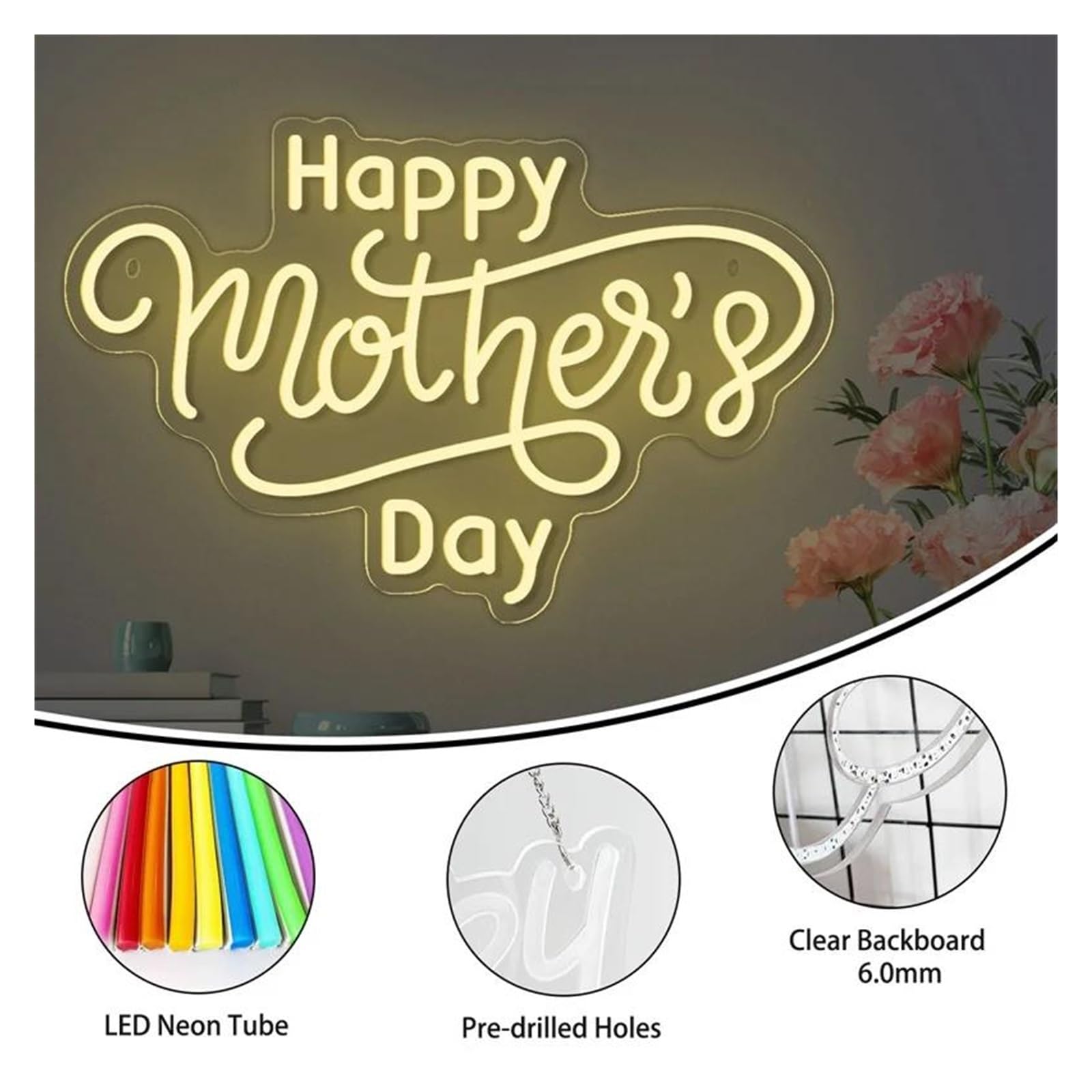 Decoración Lámparas Happy Mother's Day Letrero De Letras Acrílicas Con Luz LED De Neón Para Decoración De Pared De Hogar, Sala De Estar, Fiesta, Vacaciones, 26 Cm × 40 Cm