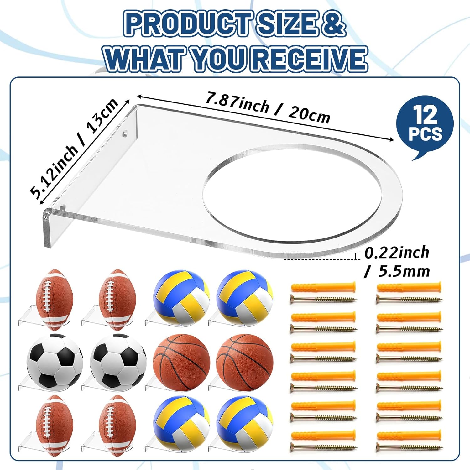 Acrylic Ball Holder Wall Mount Clear Basketball Football Display Rack Heavy-Duty 0.22" Thick Ball Storage Hangers for Soccer Volleyball Rugby Wall Mounted Sport Basketball Organizer