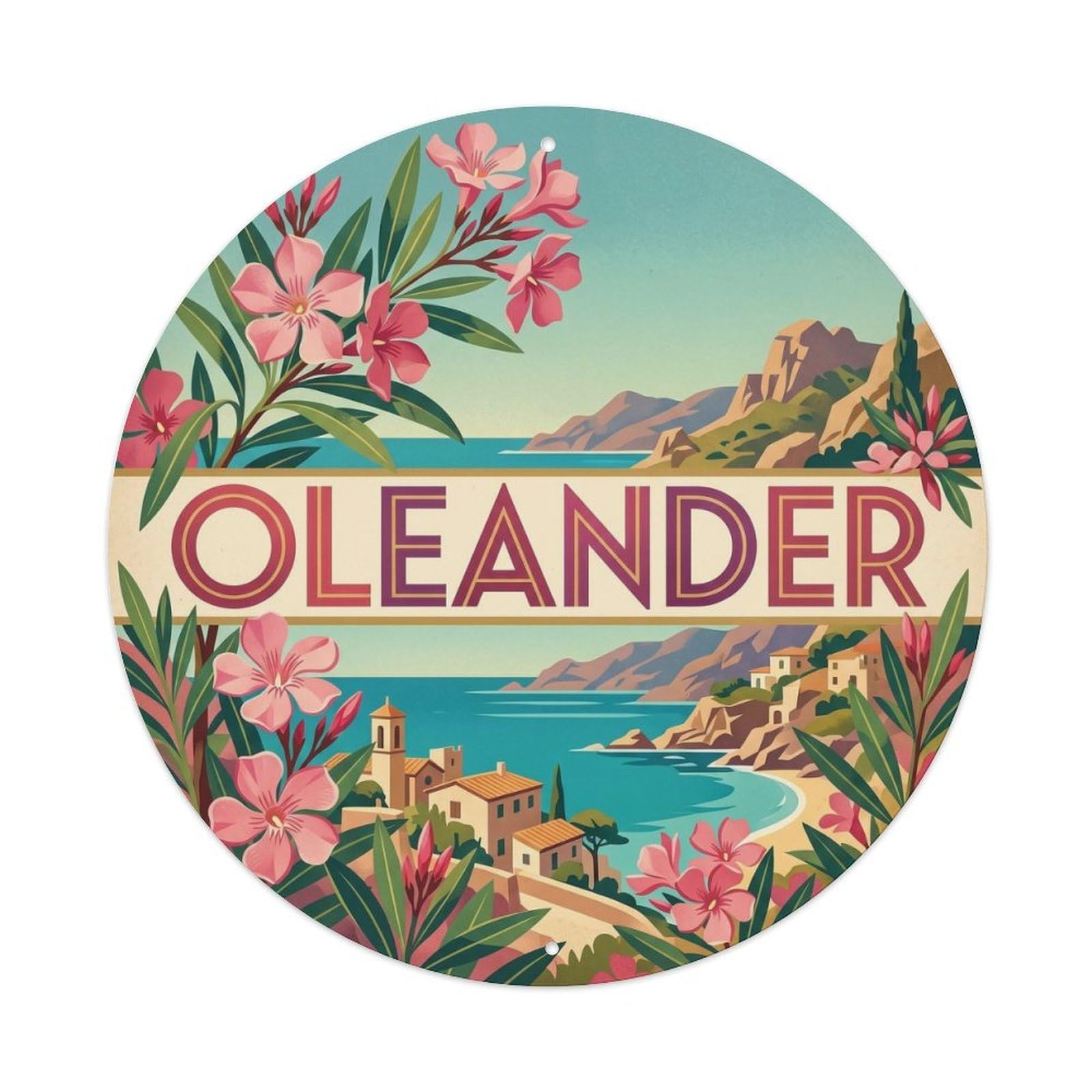 Okahys 8X8inch Classic Style Mallorca Oleander Mediterranean Island Mountain Village Metal Tin Sign