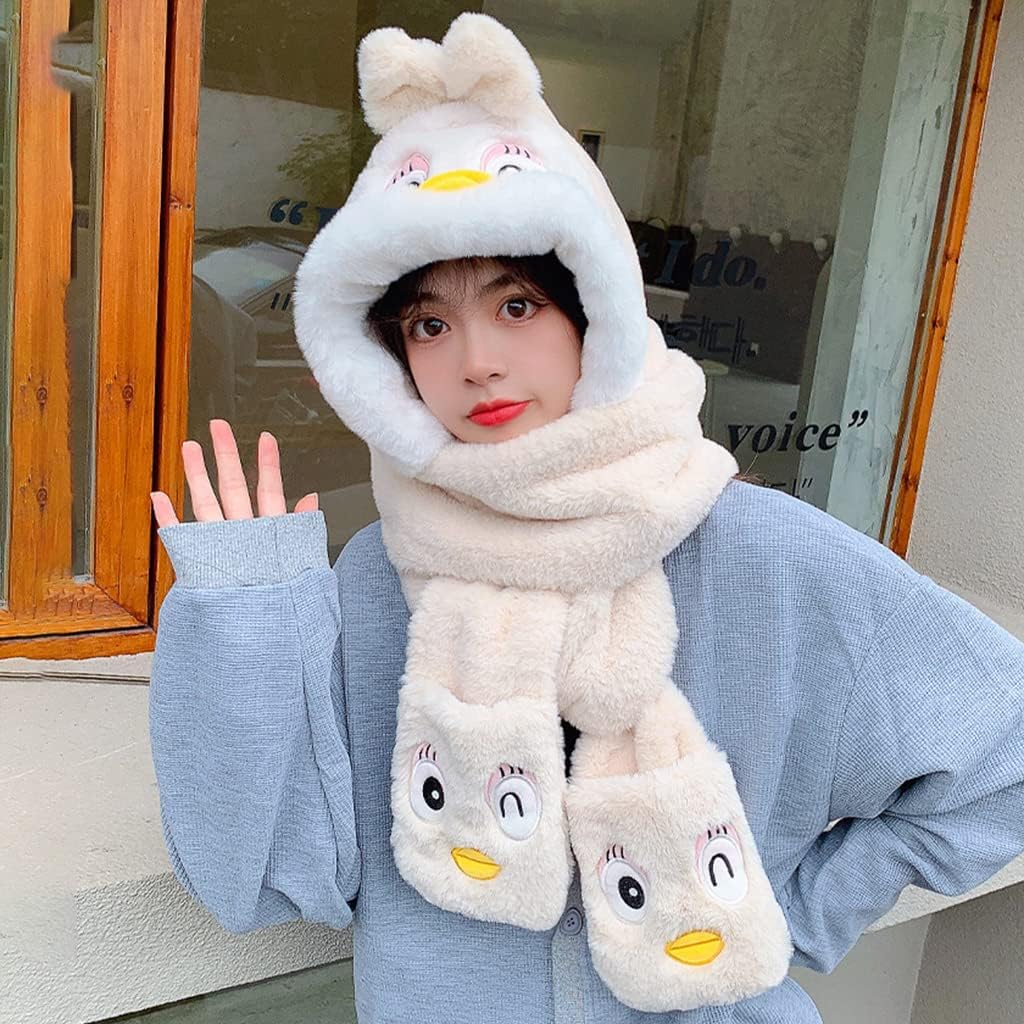 Scarf,Fashion Hat 3 in 1 Furry Hat Scarf Gloves Hooded Scarf with Mittens Headband Cap for Women Teen Girls Gifts Scarf(White)