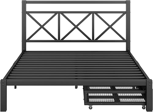 Miniatura 7 de ODC Base de cama de plataforma de metal de tamaño matrimonial con 2 cajones de almacenamiento marco de cama matrimonial de metal resistente con