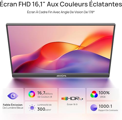 ARZOPA 16.1" Portable Monitor IPS 100% sRGB | FHD 1080P Screen | HDR10 | Ultra Thin 9.3mm | Built-in Speakers | Plug & Play for Laptop, PC, Mac, Console - Z1C - 2