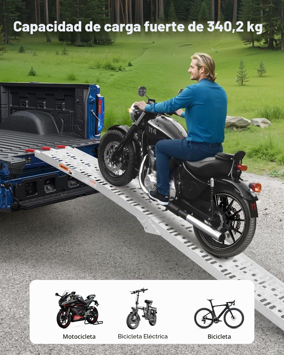 VEVOR Rampas de Aluminio Capacidad Carga 340 kg 1 Pieza Rampas Resistentes 2285 x 305 x 50 mm Rampa de Carga Estable Universal con Asas, Aptas para ATV, UTV, Motocicletas, Bicicletas Eléctricas