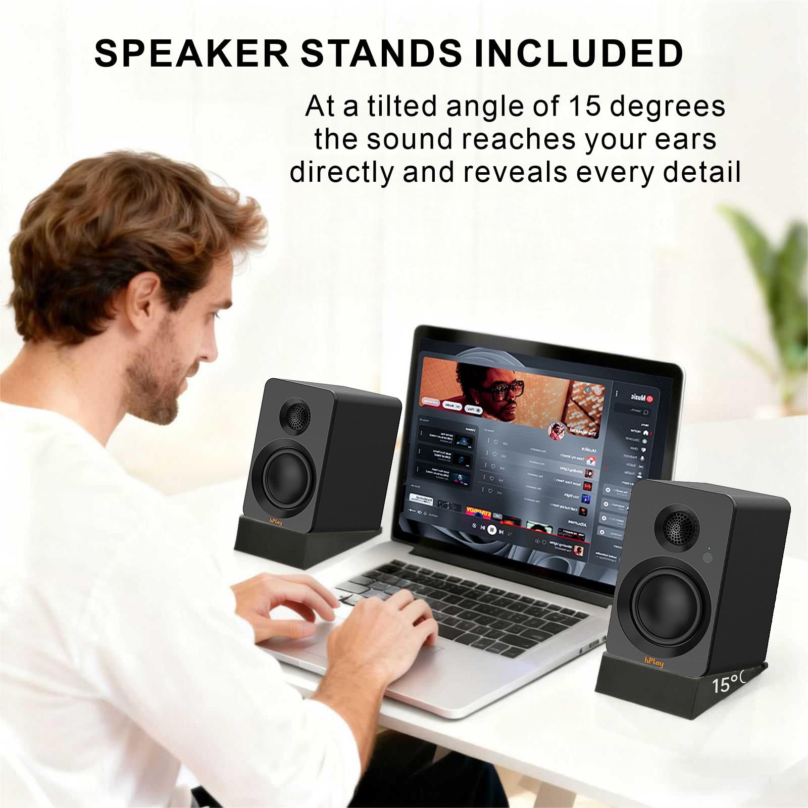 hPlay BS32B Aktivlautsprecher – 60W PC Lautsprecher mit Bluetooth 5.3, USB-C Soundkarte, Subwoofer-Ausgang & Fernbedienung, absorberplatte Lautsprecher, kompakte Regallautsprecher (Schwarz)