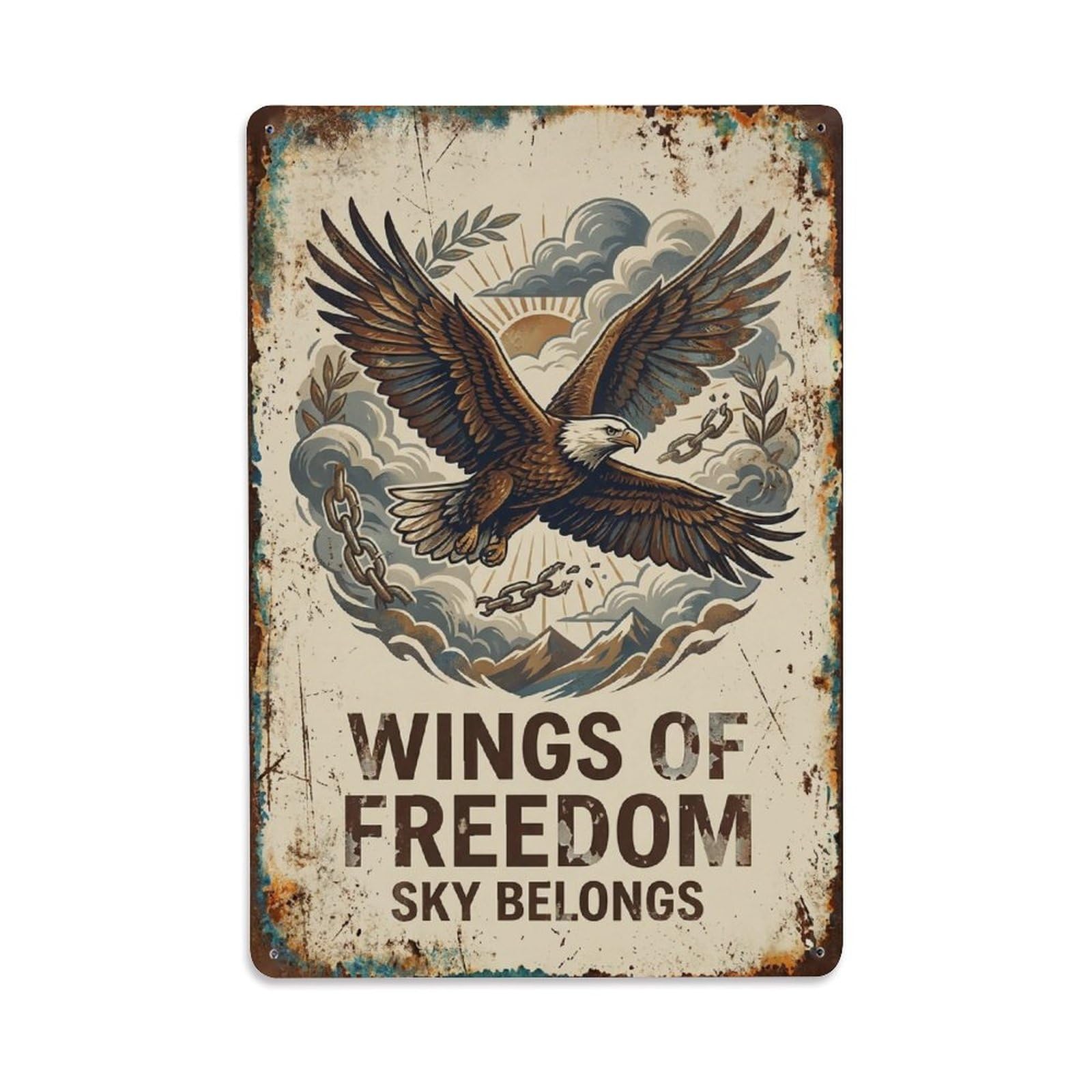 Okngb Style Comic Eagle Wildlife Motto Freedom Sky Belongs Vintage Metal Tin Sign Plaque Wall Decor For Cafe, Man Cave, Club Bar, Office, Home Garden Round Metal Poster 8X12inch