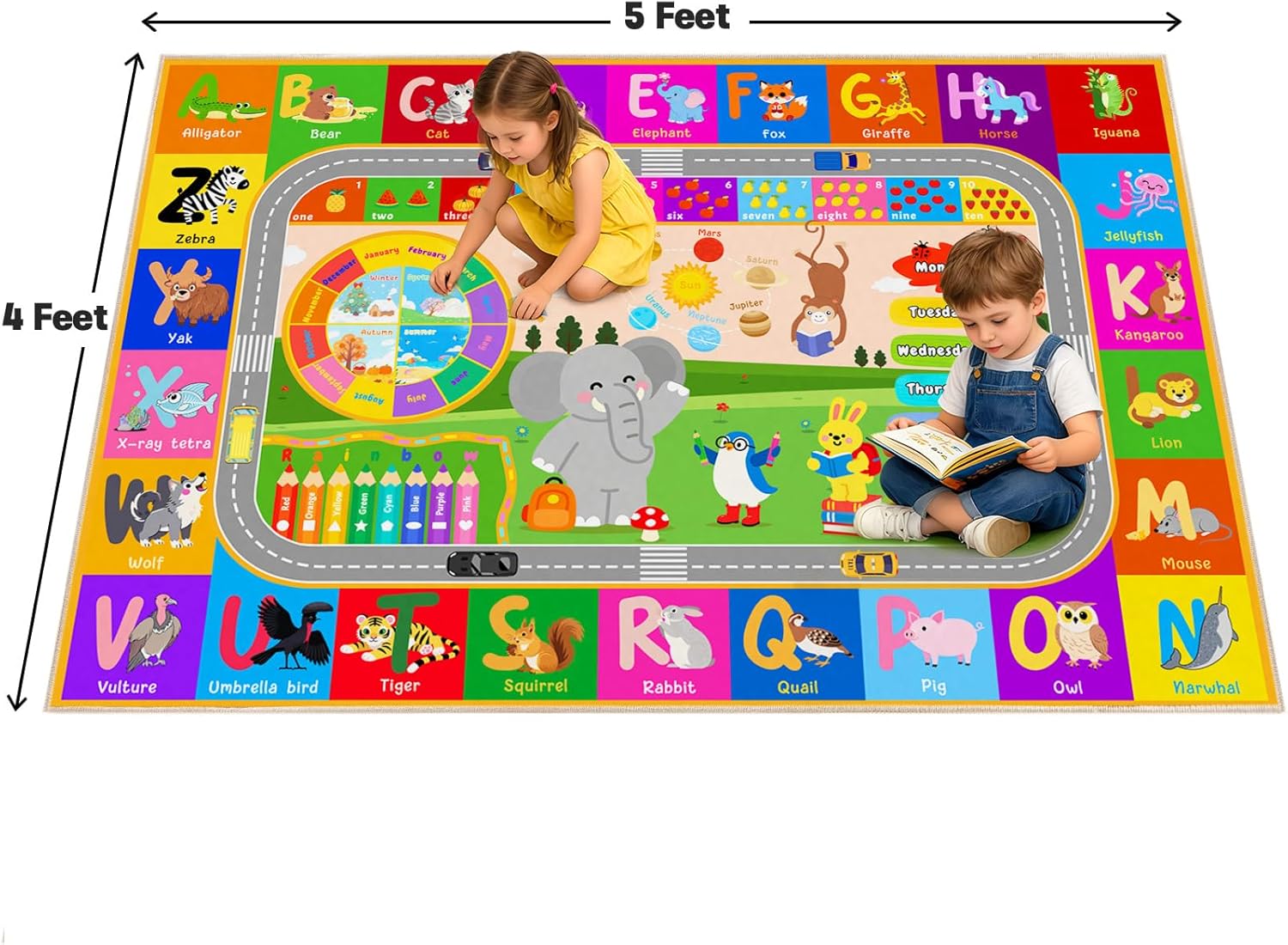 Pionblank Kids Area Rug for Bedroom Preschool, 4x5 Educational Playmat for Learning Animal Alphabet Fruit Numbers Color Season Month,Washable Non Slip Carpet for Toddler Nursery