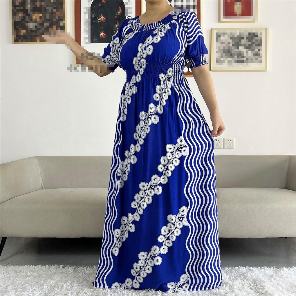 Abito Dashiki Africano Abito in Cotone con Stampa Floreale Abito A Maniche Corte in Vita Abito da Donna Africano Allentato con Sciarpa