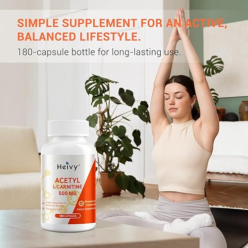 Miniatura 4 de Heivy Acetil L-carnitina (ALCAR) 500 mg, 180 cápsulas, suplemento de apoyo nervioso, aminoácido, apoya la función cerebral, sin gluten, sin OMG