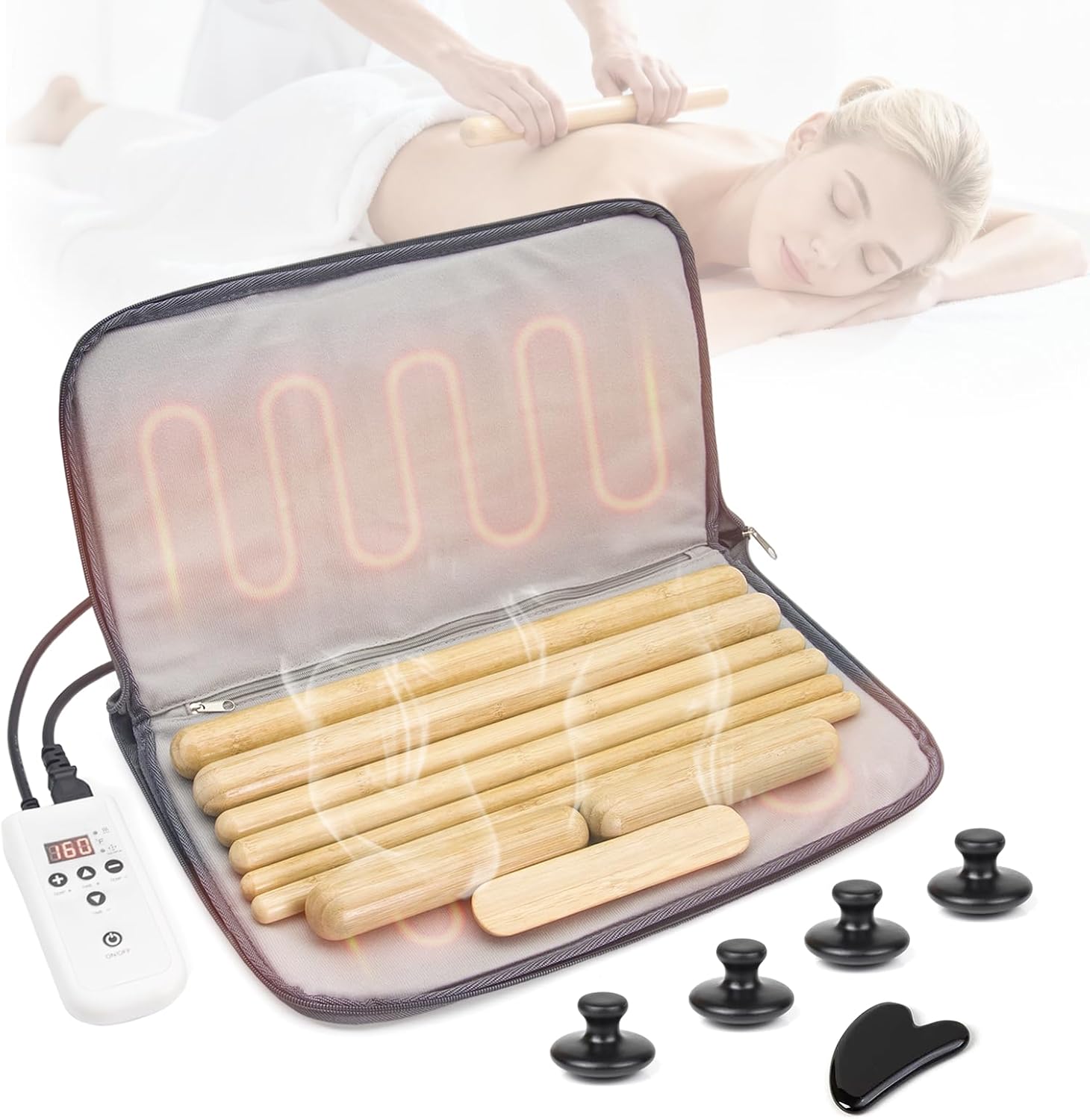 14 Pcs Hot Stones Massage Warm Kit Solid Bamboo Massage Stick Body Gua Sha Tool Heater with Temperature Adjustment, Basalt Hot Rocks Back Foot Body Massage for Home Spa Relieve Muscle Pain