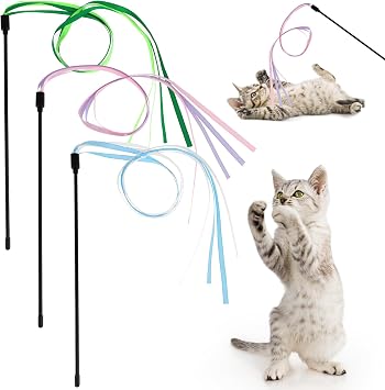 Amaxiu Cat Ribbon Toys Wand, 3pcs Interactive Cat Rainbow Wand String Toys for Indoor Cats Colorful Ribbon Charm for Kittens Teaser Training Exerciser Playing Catcher Accessories