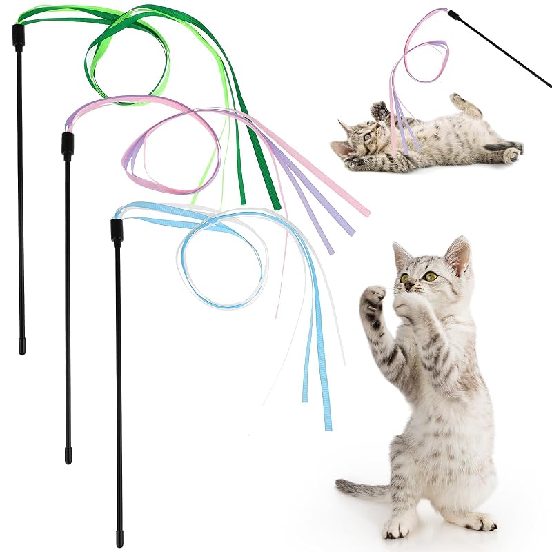 Brinquedo interativo para gatos com varinha e fitas coloridas Amaxiu, pacote com 3