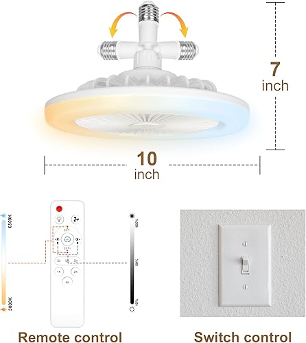 Miniatura 7 de Lámpara de ventilador de techo con rosca con 3 temperaturas de color, luz de ventilador regulable cerrada de perfil bajo con control remoto, luces
