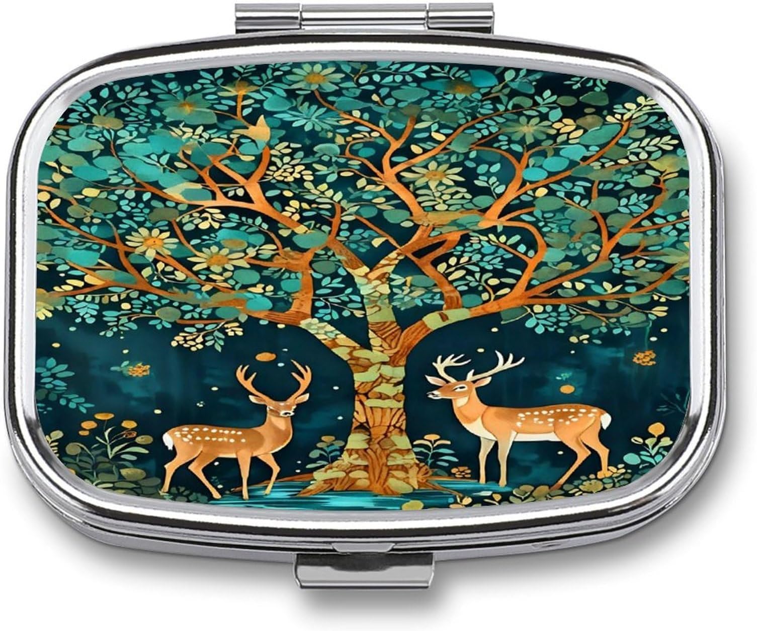 CASOWAT Deer Tree of Life Pill Box, 2 Compartment Pill Organizer Case for Pocket Or Purse, Small Portable Daily Travel Medicine Box with Mirror