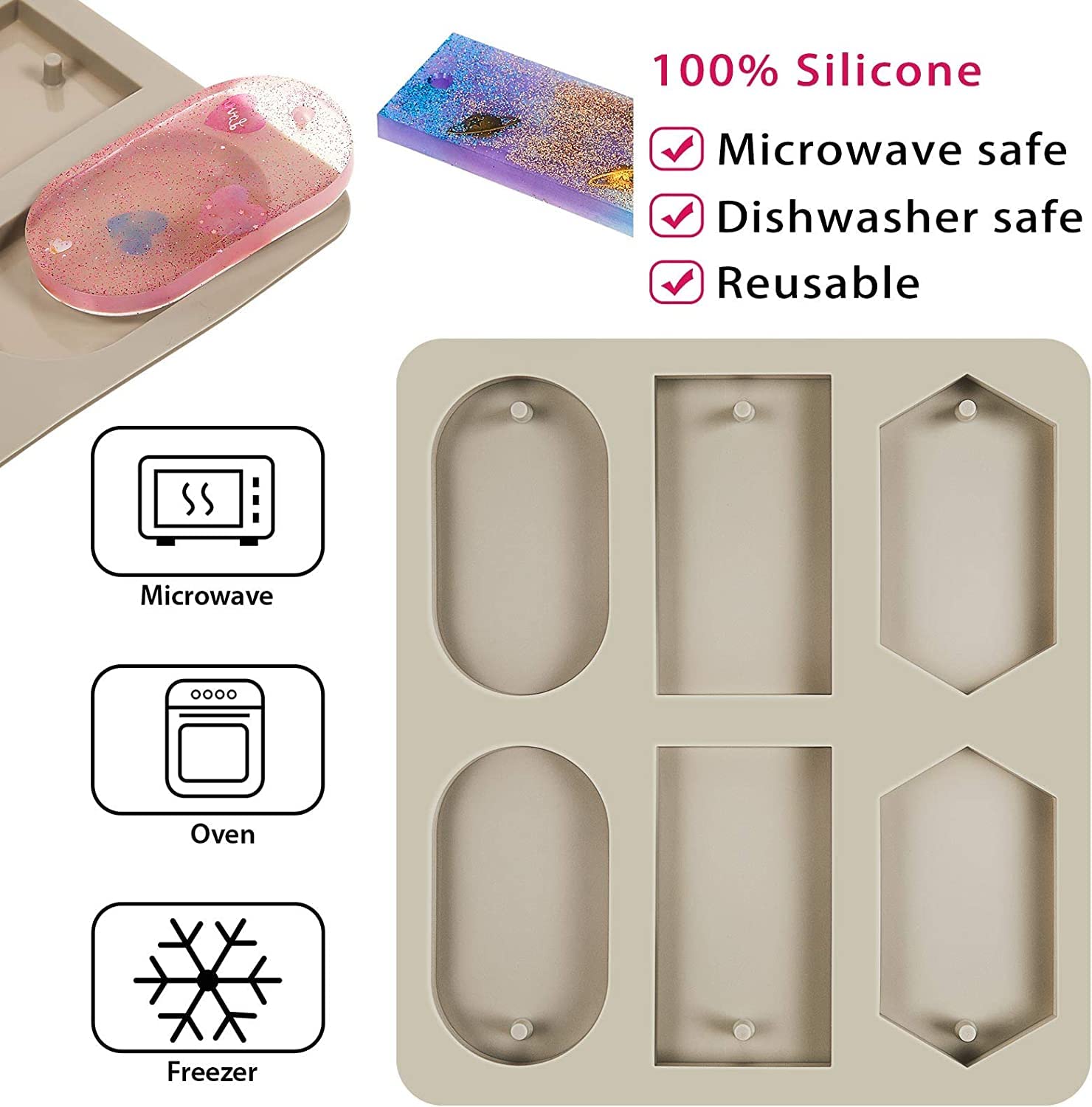 Skytail 6 Slot Resin Bookmark Mould, Rectangle, Oval and Hexagon Resin Mould Silicone Wax Mold, Keychain Mould Epoxy Casting Mold with Hanging Hole for DIY Jewelry Making Pendant Crafts Decor 1