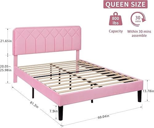 Miniatura 33 de VECELO Base de cama de tamaño matrimonial con plataforma tapizada de terciopelo de alta calidad con cabecera ajustable en altura / base de colchón,