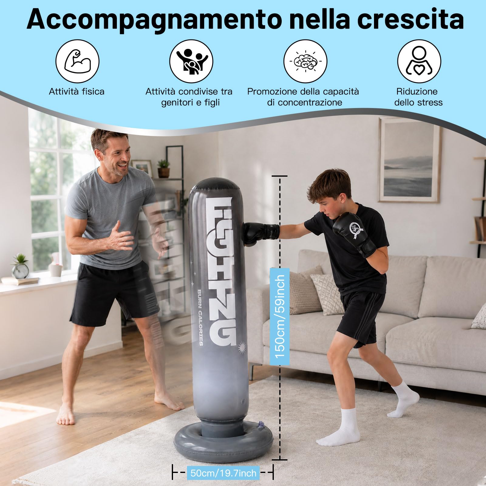 CYFIE Sacco da boxe gonfiabile con guanti da boxe e pompa, 150 cm, sacco da boxe autoportante, attrezzatura per allenamento MMA Muay Thai Fitness