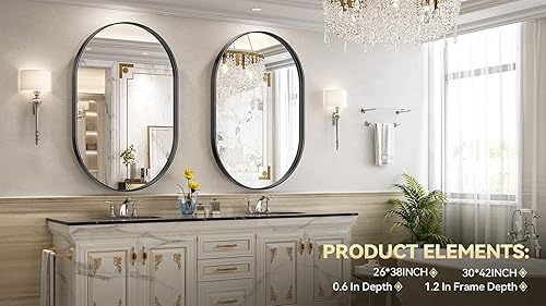 Miniatura 4 de Brightify Espejo ovalado negro para baño, 26 x 38 pulgadas, espejo de tocador de baño con marco de metal, moderno espejo de pared para dormitorio,