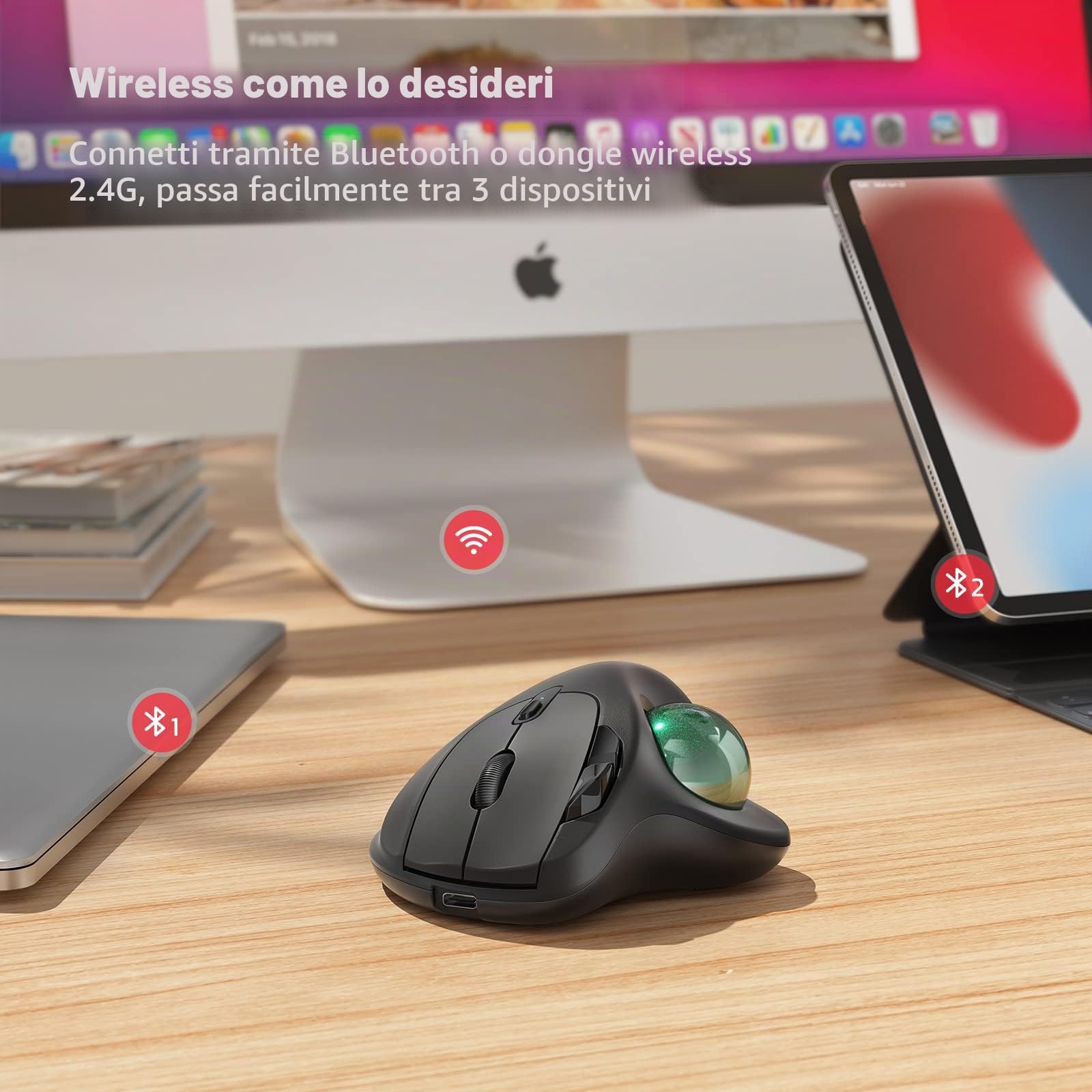 Nulea M501 Mouse Trackball senza fili, mouse ergonomico ricaricabile, tracciamento preciso e fluido, connessione a 3 dispositivi (Bluetooth o 2.4G), compatibile con PC, laptop, Mac, Windows.