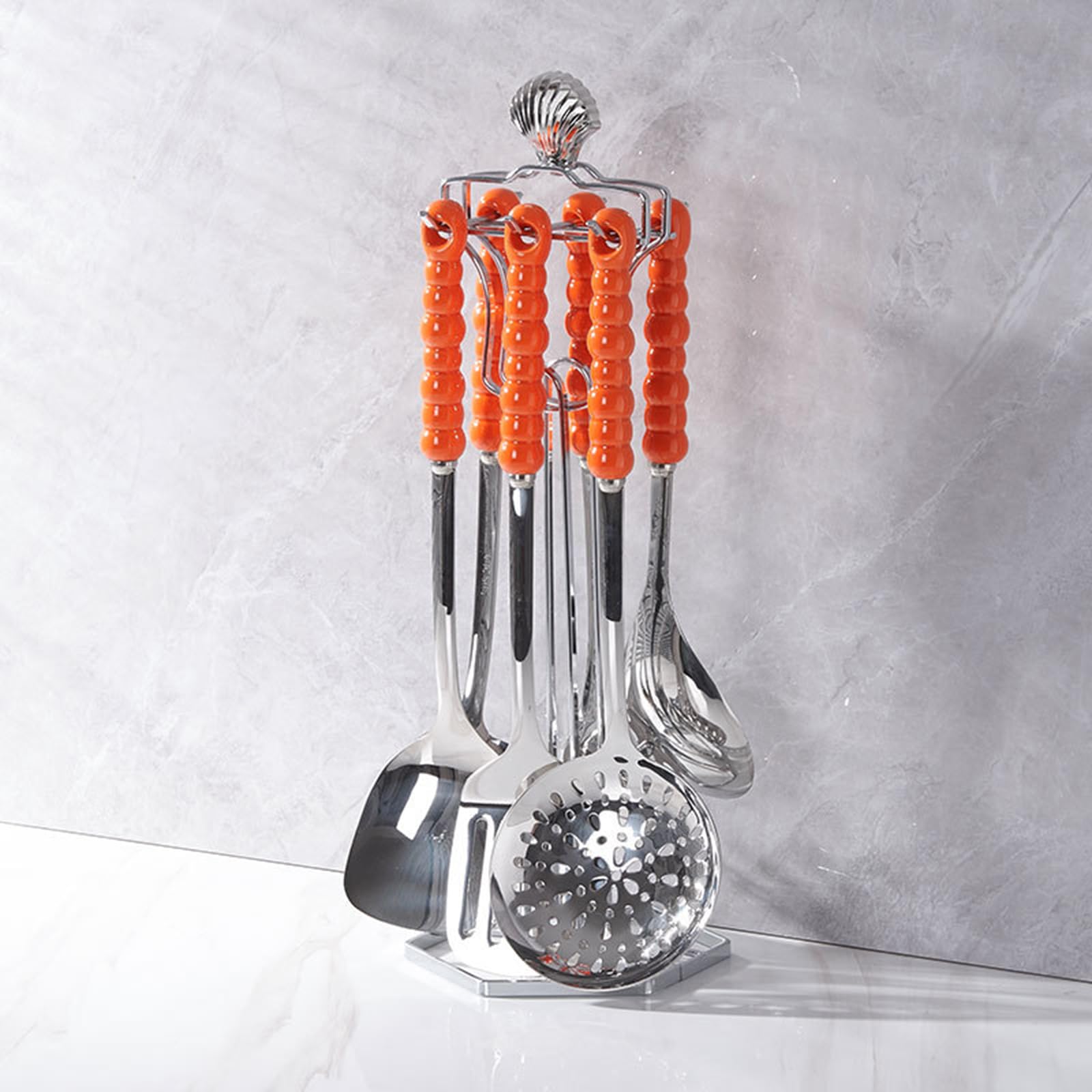 Juego De Utensilios De Cocina De 7 Piezas con Estante Colgante, Juego De Utensilios De Cocina De Acero Inoxidable con Mango De Cerámica, Incluye Cuchara Ranurada, Espátula Ranurada