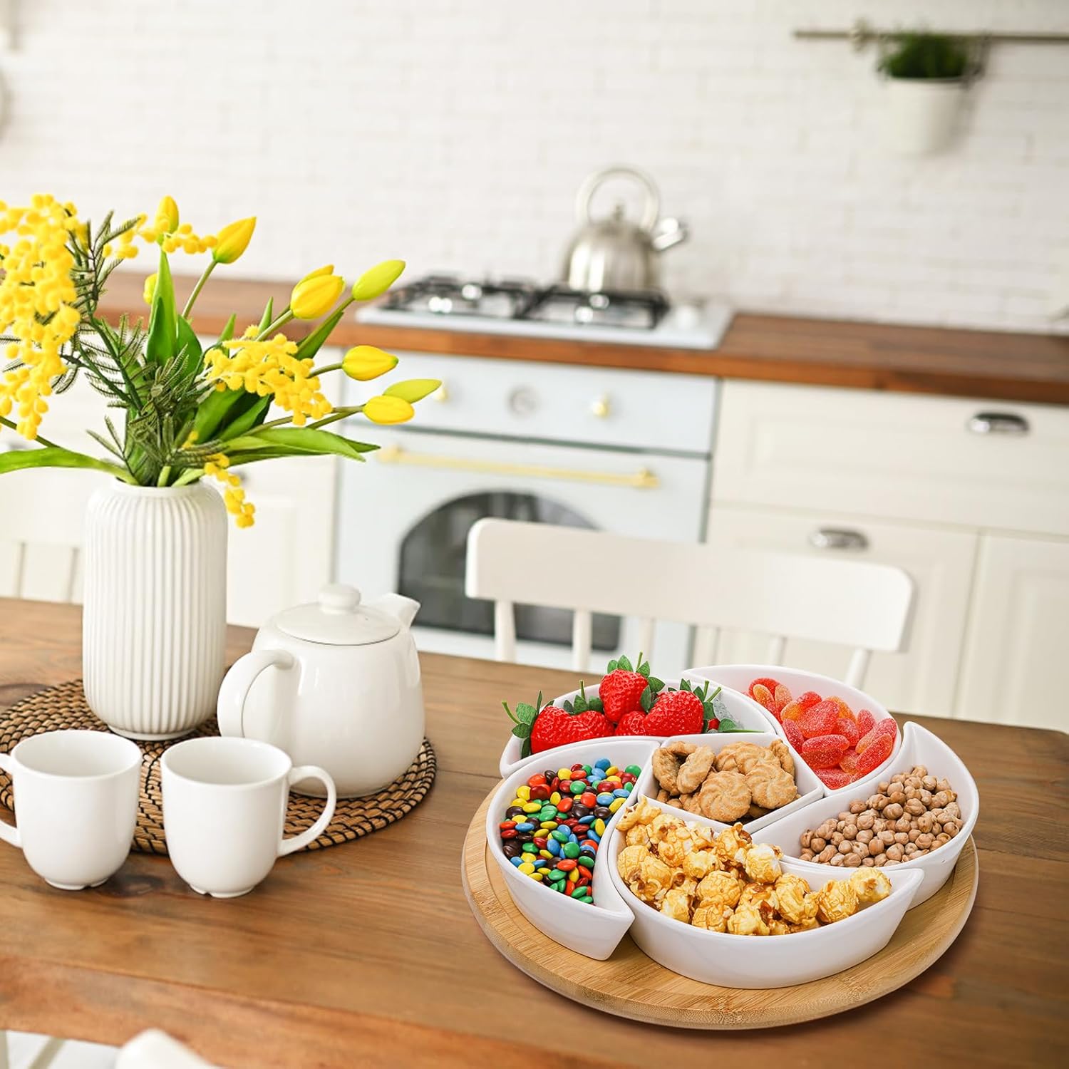 Ceramic Serving Tray Platters Lazy Susan, Rotating Divided Serving Set with 6 Removable Compartment, 11'' Appetizer Relish Dish, Snack Bowl Set for Christmas, Thanksgiving, Party, Kitchen - Image 8