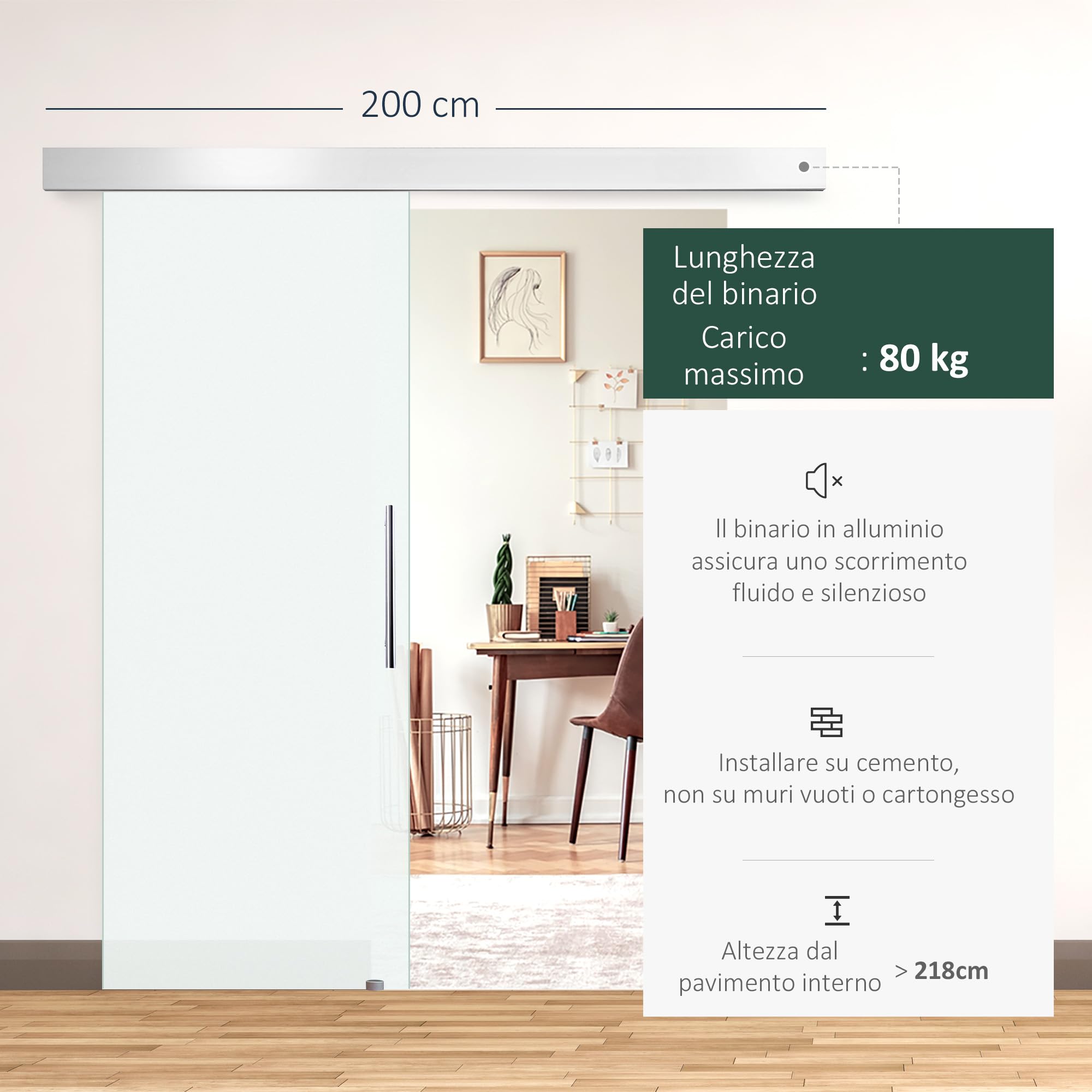 HOMCOM Porta Scorrevole Interna in Vetro Smerigliato con Binario e Maniglia per Bagno Cucina Studio 205 x 90 x 0.8cm