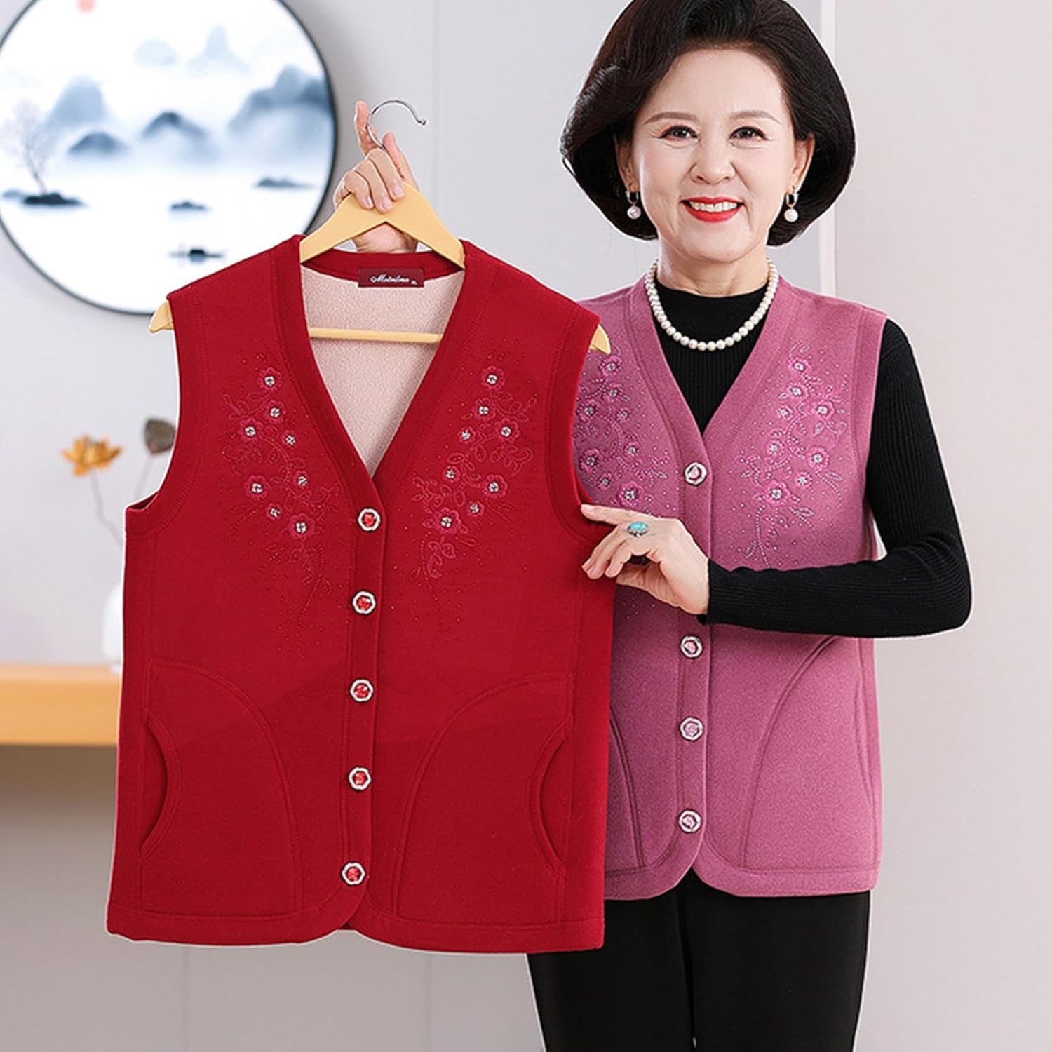 [RAMEMO] シニア女性向け ベスト レディース チョッキ ジレ 暖かい 保温 前開き 着やすい 中年及び高齢者向け 厚手 春秋