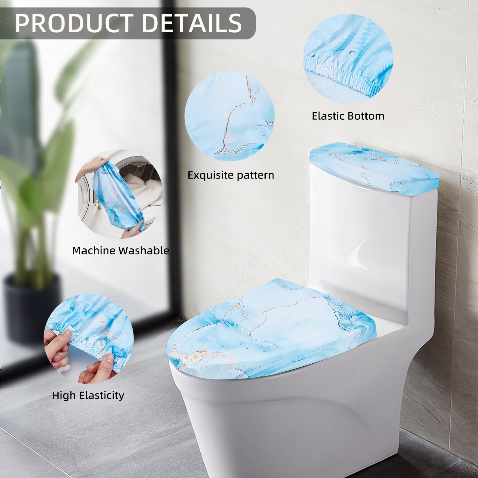 NICENEEDED Blue Marble Print Toilet Lid and Seat Protector Cover, Bathroom Toilet Tank Lid Covers Stretch Toilet Covers Set - Image 3