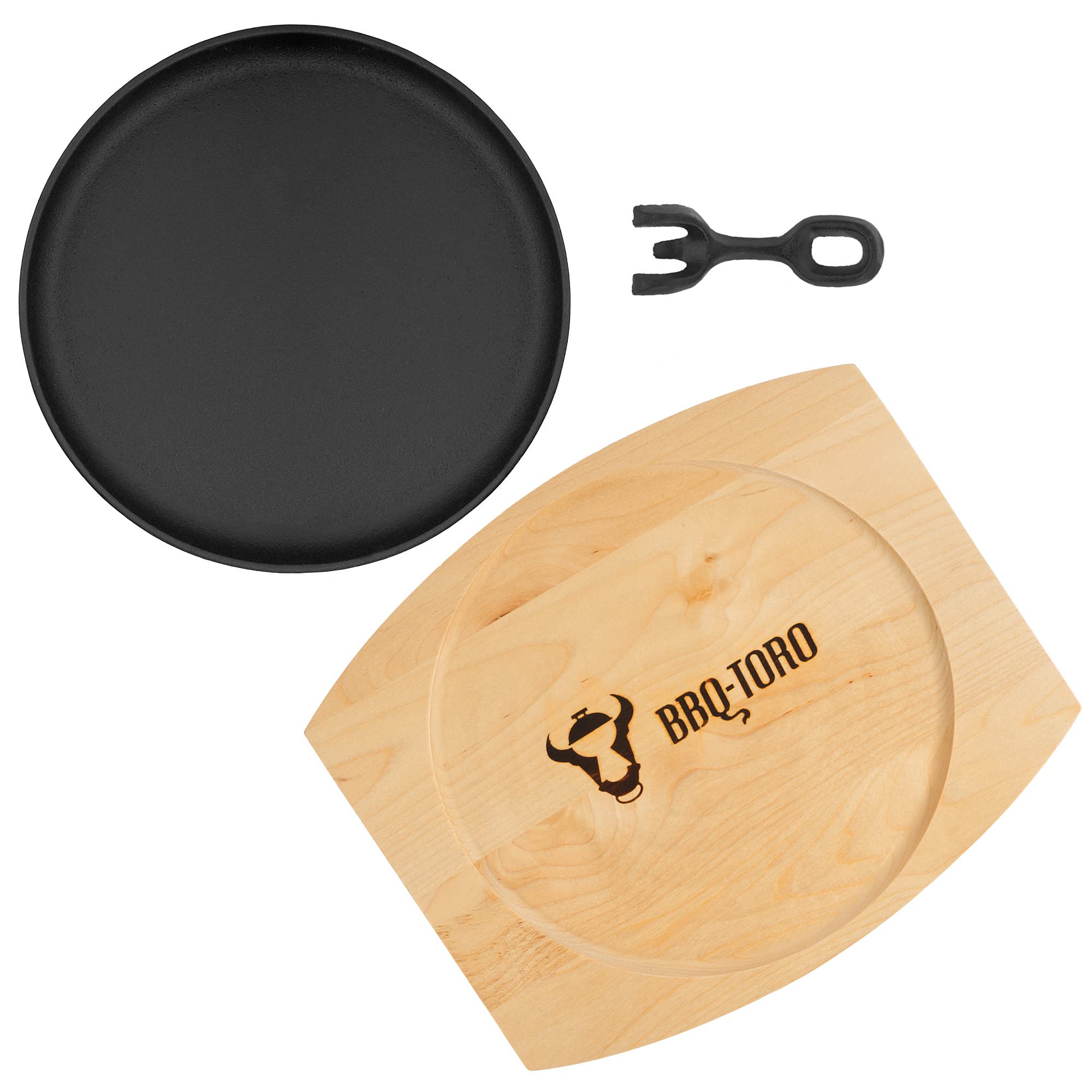 BBQ-Toro Gusseisen Servierpfännchen mit Holzunterlage (4 Stück) | Ø 22 cm - rund | bereits eingebrannt - preseasoned | Grillpfännchen mit abnehmbarem Griff | Gusseisenpfanne, Paella Pfanne