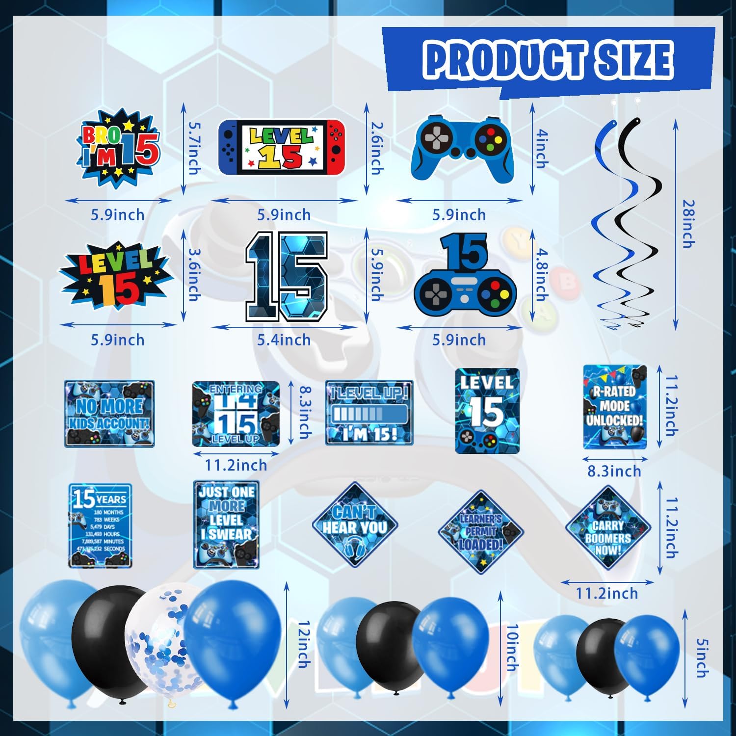 KOTLMIGHT 15th Birthday Decorations for Boys, 150Pcs Blue Video Game level 15 Party Supplies for Boy 15th Birthday - Backdrop, Banner, Balloons, Tablecloth, Centerpieces, Hanging Swirls, Wall Signs