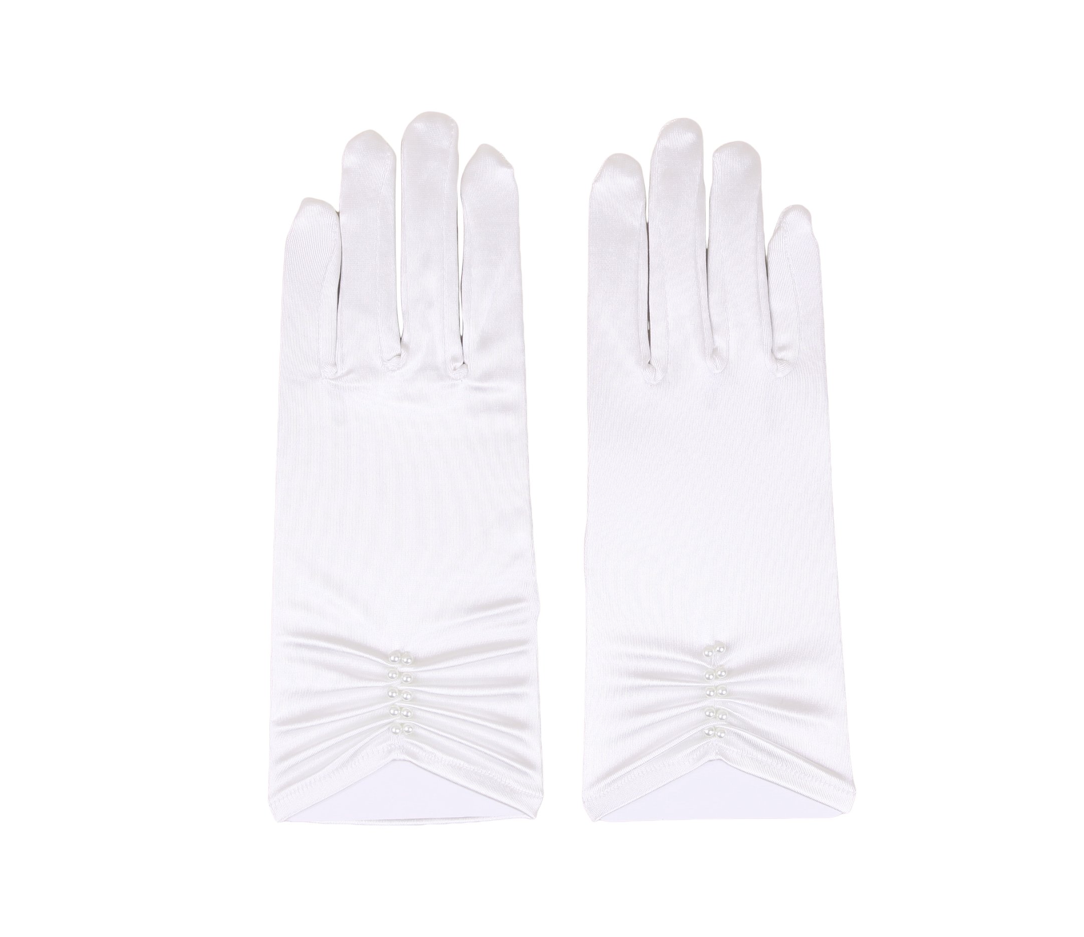 Flora Satin Wrist Length Fingered Wedding/Prom Glove with pearls,10" L (WHITE)