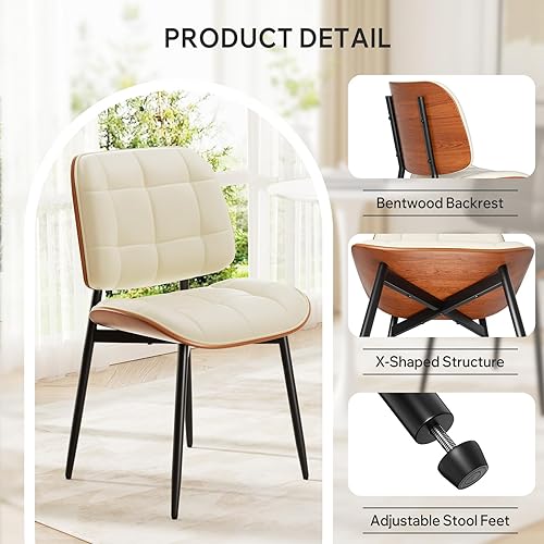 Miniatura 5 de Juego de 2 sillas de comedor, silla de comedor de mediados de siglo moderna con cojín grueso, sillas de cocina tapizadas con piel sintética y