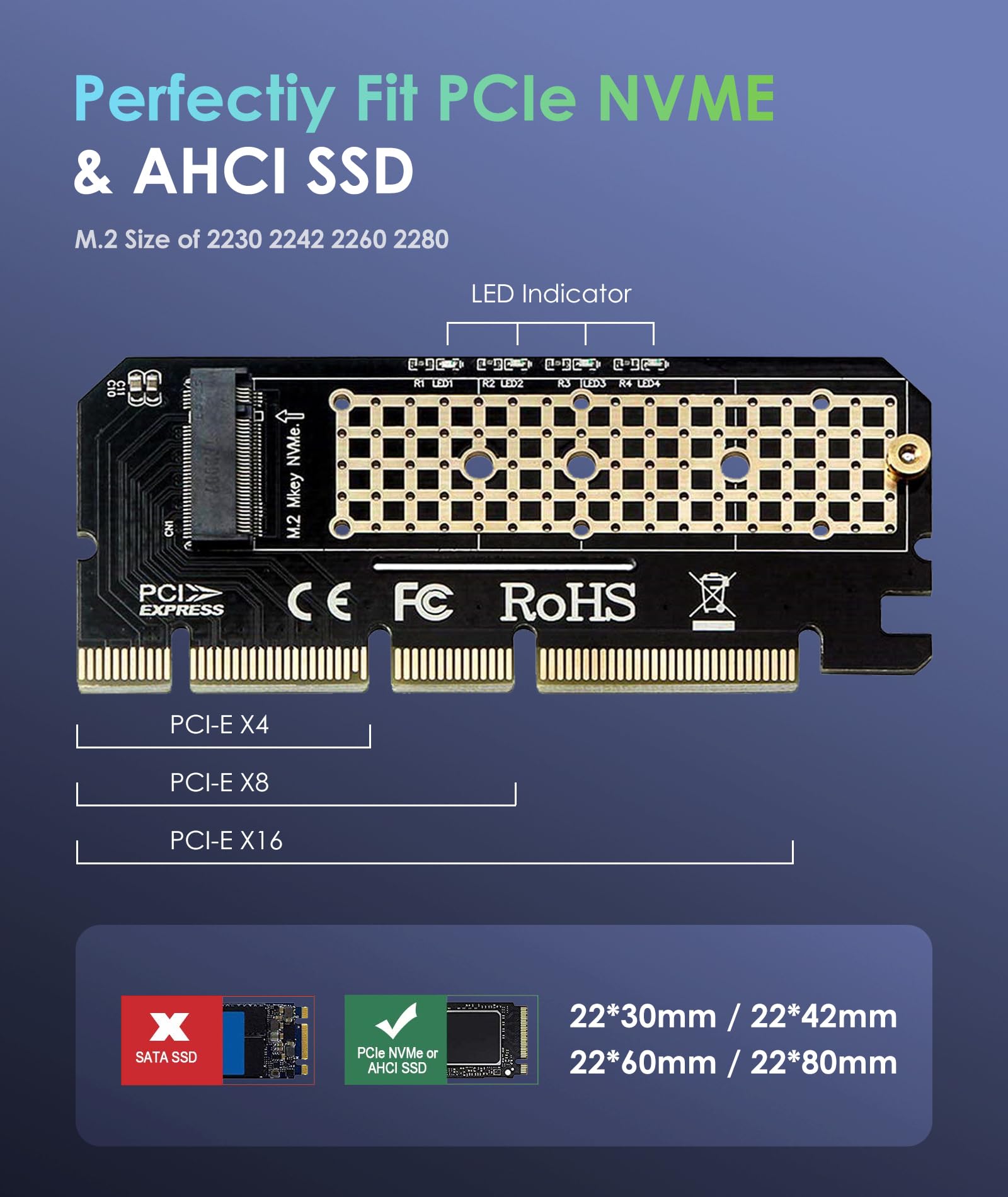 NVME Adattatore PCIe x16 con Dissipatore di Calore, Scheda Adattatore 6amLifestyle M.2 NVME o AHCI SSD a PCIE 3.0 | 4.0 per Key M 2230, 2242, 2260, 2280 formato M.2 SSD, Supporta PCIe x4 x8 x16 Slot
