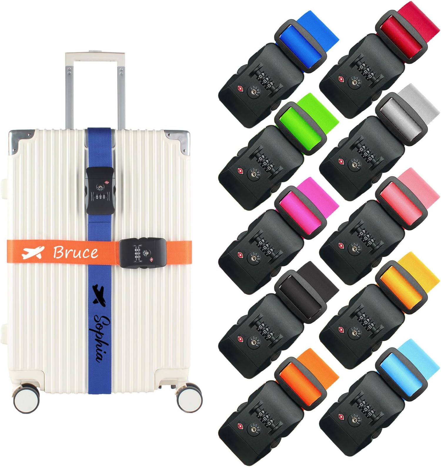 Personalized Luggage Straps with TSA Approved Lock, Custom Embroidered Name Travel Suitcase Belt with Buckle, 200CM Adjustable Luggage Identifier for 18-32 Inch Suitcases (TSA Approved Lock, 2-Pack)